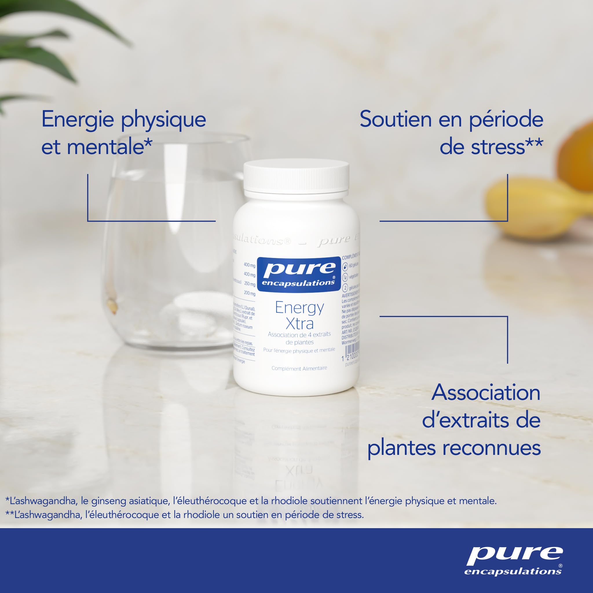 Pure Encapsulations - Energy Xtra - Association de 4 Extraits de Plantes - Panax Ginseng, Ginseng de Sibérie & Rhodiola - Énergie Physique et Mentale - 60 Gélules Véganes | 4 Plantes dont Ashwagandha, Gestion du stress, Endormissement, Mémoire, Végan, Com