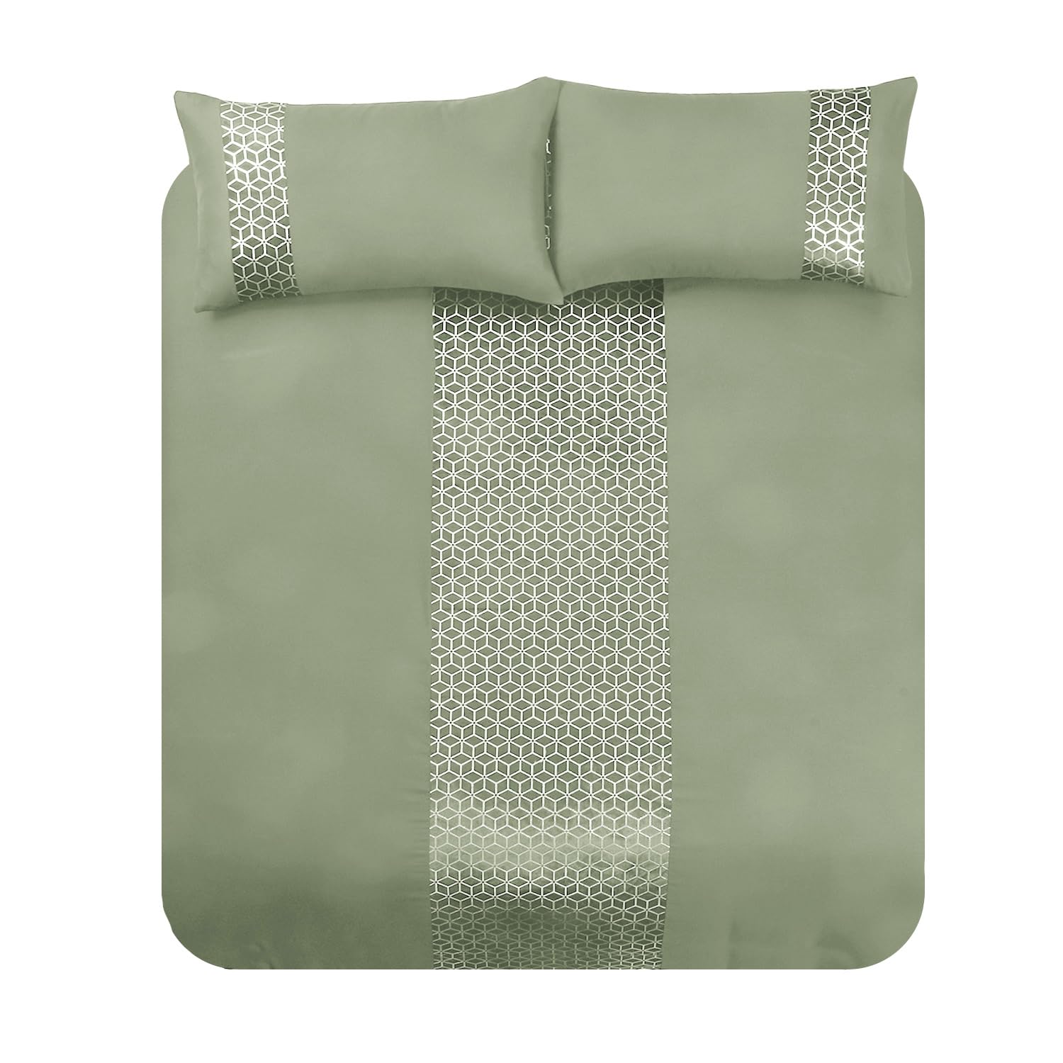 Velosso Sparkle Reversible Double Duvet Cover Set, Geometric Gold Metallic Foil Design, Hotel Quality 3 Piece Bedding Set with 2 Pillowcases, Button Closure (Sage)