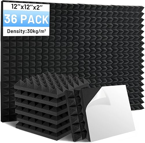 Focusound Paquete de 36 paneles de espuma acústica a prueba de sonido, paneles de espuma acústica piramidal de 12 x 12 x 2 pulgadas con paneles