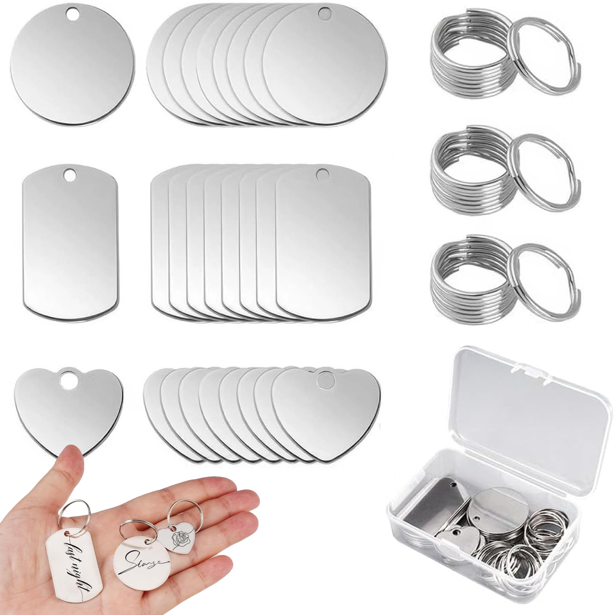 24Pcs Stainless Steel Keyring Blanks with Key Rings, Laser Engraving Blanks