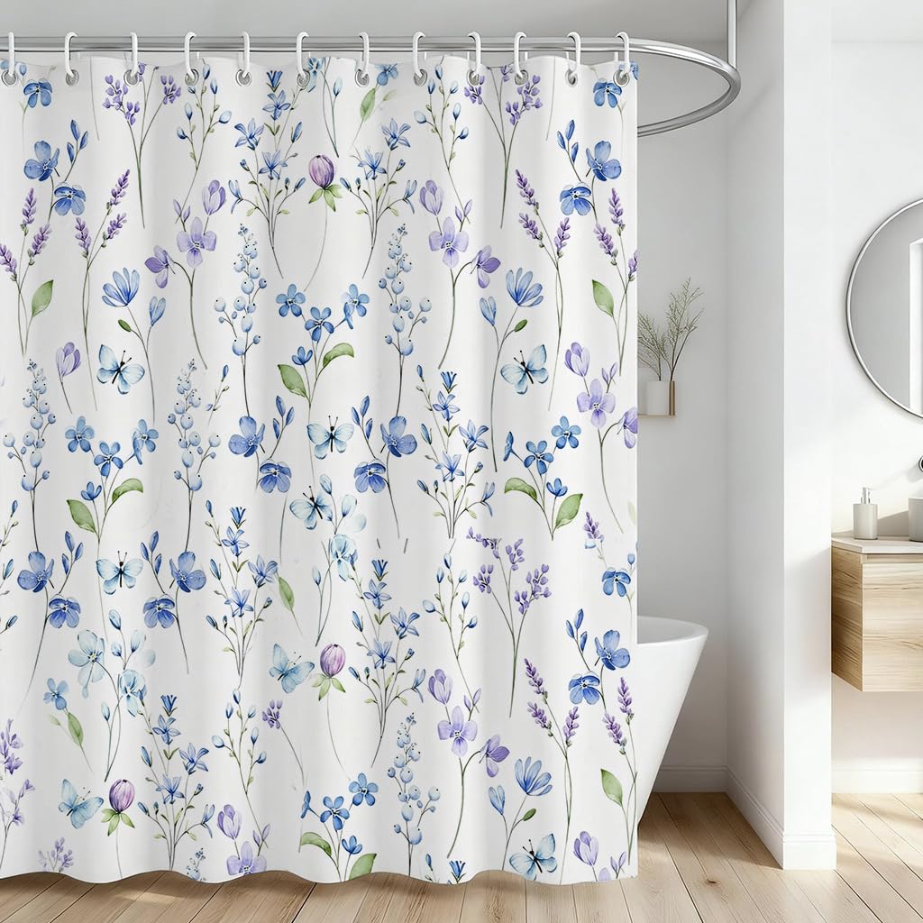 ZAFYYGH Elegant Blue Floral and Butterfly Shower Curtain, 72x72 Inch Watercolor Lavender Bloom Fabric, Tranquil Bathroom Decor