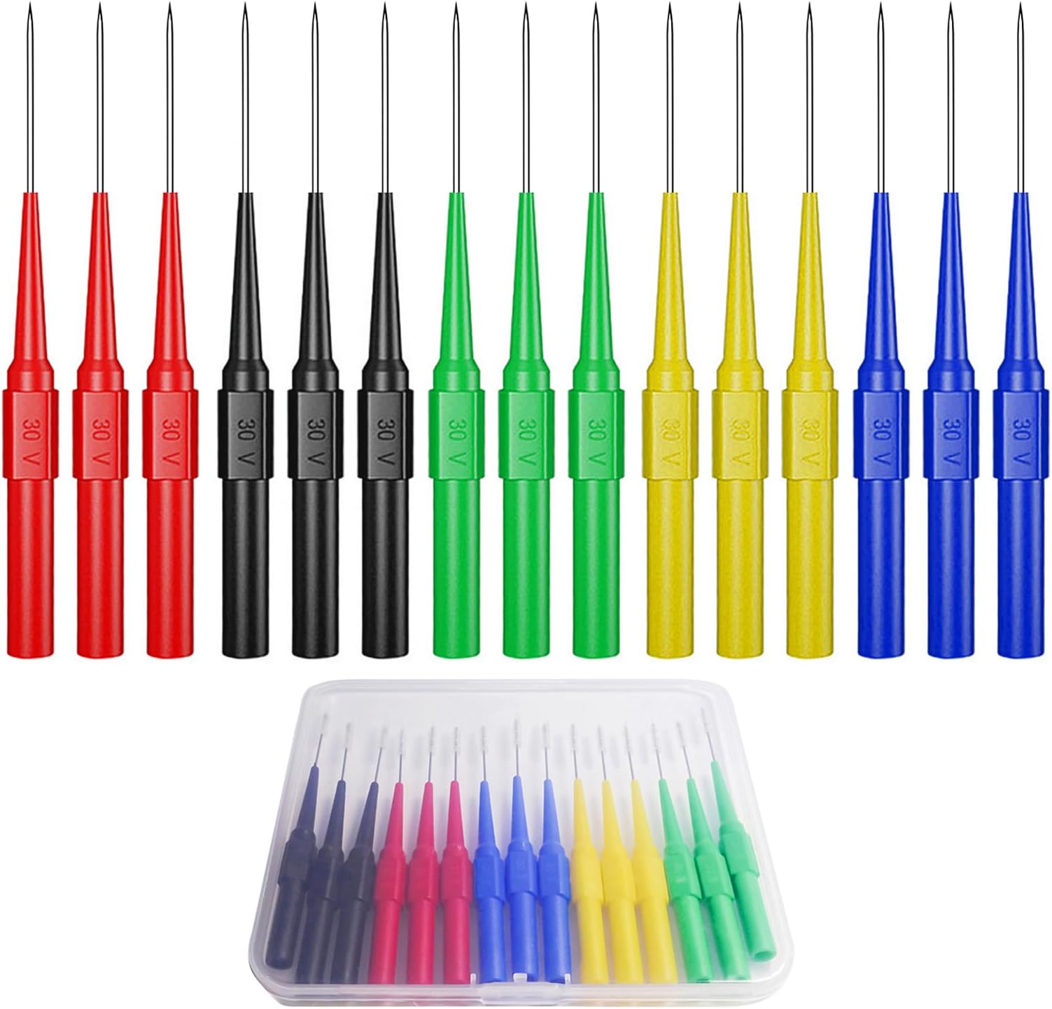 15PCS Automotive Back Probe Pins Multimeter Wire Piercing Test Probes with 4mm Female Socket 0.7mm Puncture Needle 30V/10A for Small IC Pins Electronic Testing Five Colours