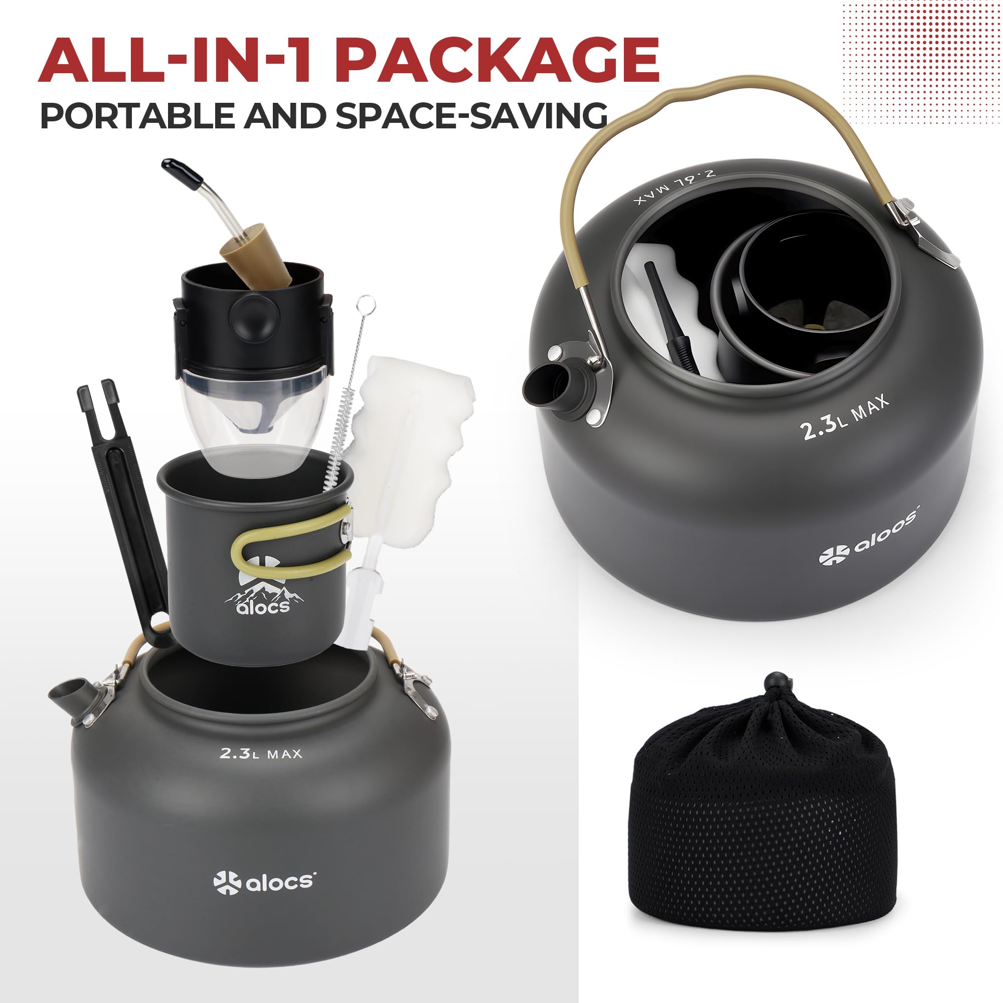 Alocs Cafetera de camping de 2,3 L, hervidor de camping con kit de café vertido, hervidor de viaje plegable, portátil para camping, hogar, oficina, uso al aire libre