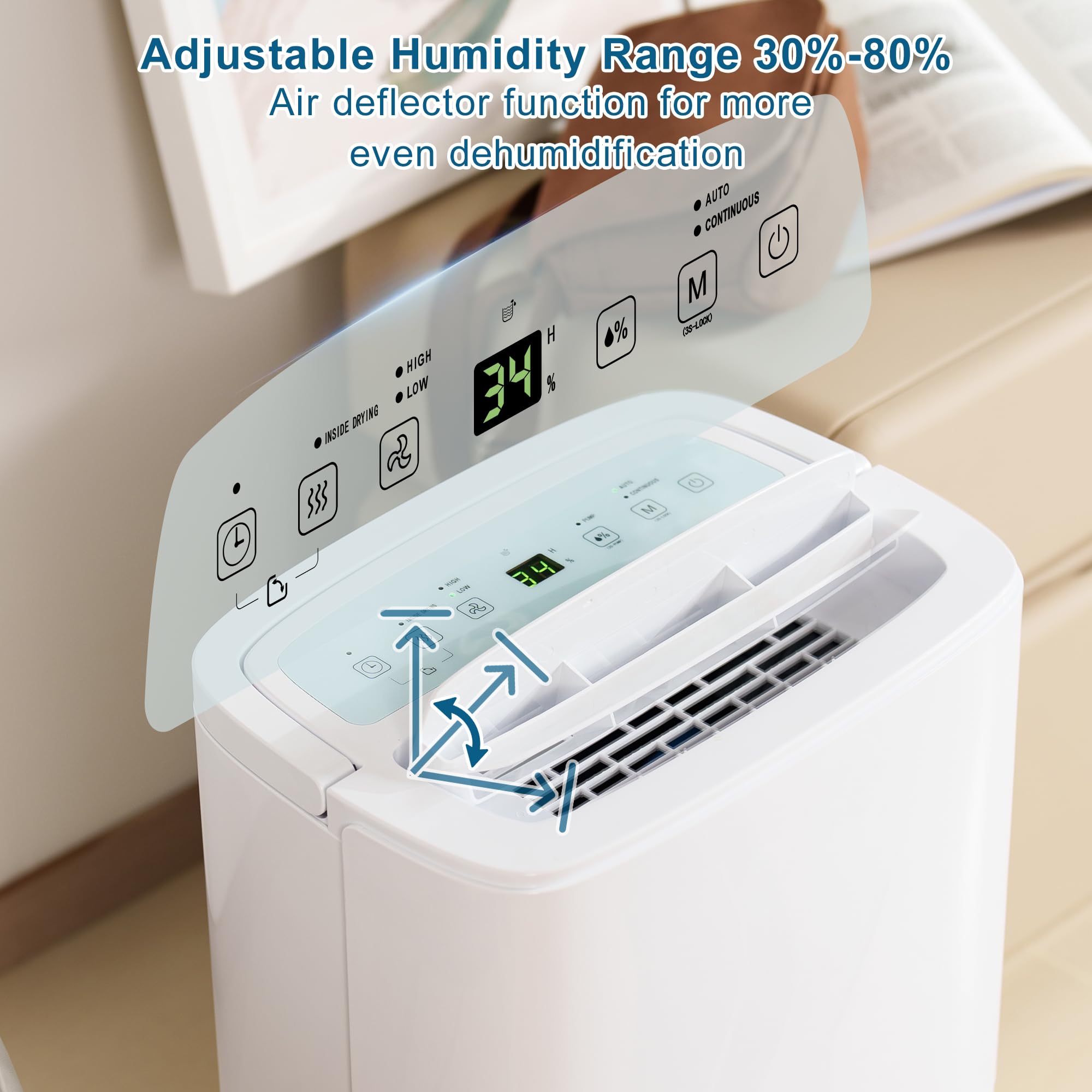 Deshumidificador Silencioso Bomba Automático: Control Humedad 90L/Día 240m² 43dB Bajo Consumo para Baño Habitación Cocina Garaje Sótano Apartamento Trastero Lavandería