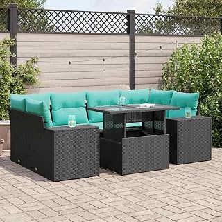 Youuihom 7 Piece Patio Furniture Set Black PE Rattan Sectional Sofa with Storage Ottoman Coffee Table Blue Cushions Modular Outdoor Conversation Set for Backyard Balcony Garden