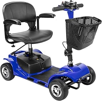 4 Wheel Mobility Scooters for Adults，Collapsible Compact Electric Scooter，Heavy Duty Powered Mobile Wheelchair Device with Lights，Basket and Long-Lasting Battery（Blue）