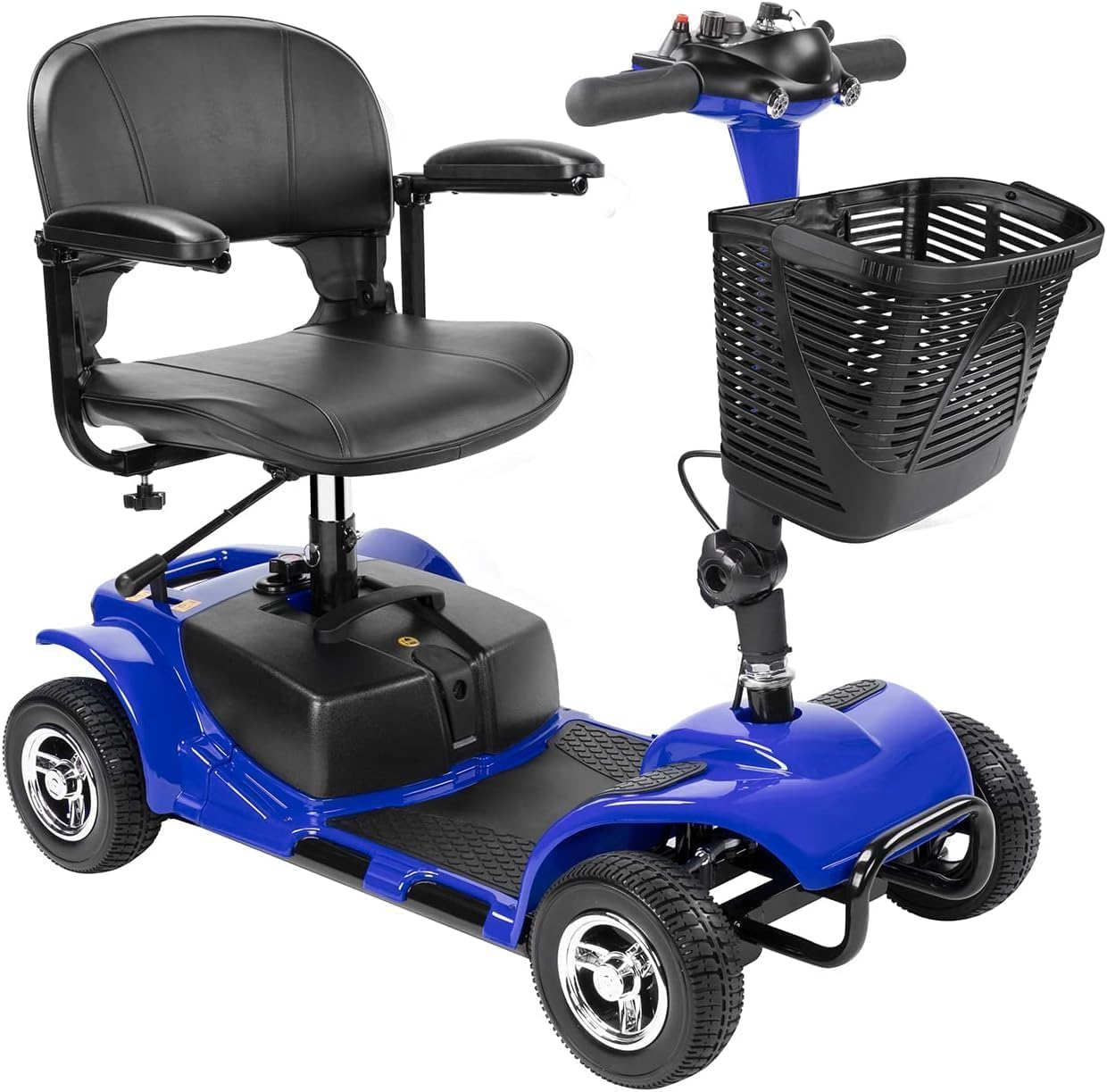 4 Wheel Mobility Scooters for Adults，Collapsible Compact Electric Scooter，Heavy Duty Powered Mobile Wheelchair Device with Lights，Basket and Long-Lasting Battery（Blue）