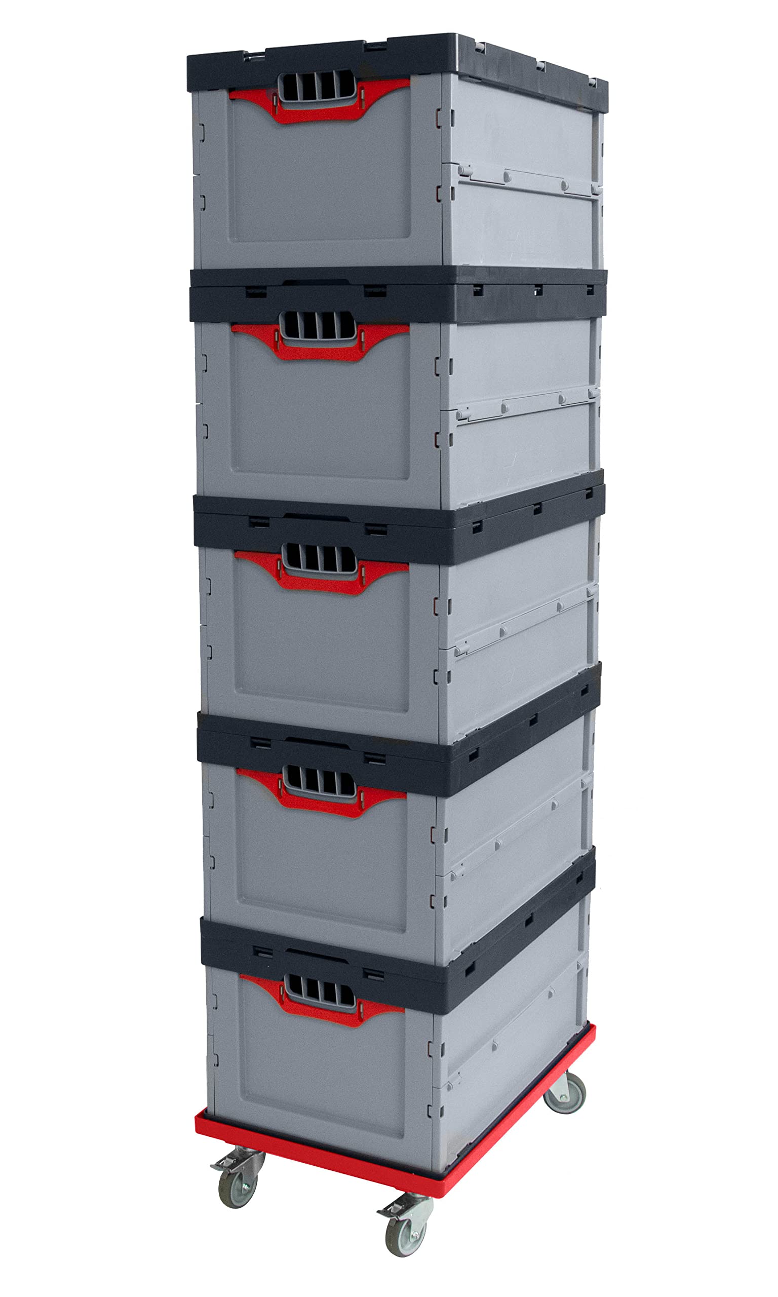 Auer Faltbox 5er Set FB 64/27 mit 1 x roter Rollwagen 60x40x27cm, 56L | Eurobehälter Kunststoffbox Lebensmittelbox Vorratsbehälter Lagerkiste Transportbox Kommissionierbox Box