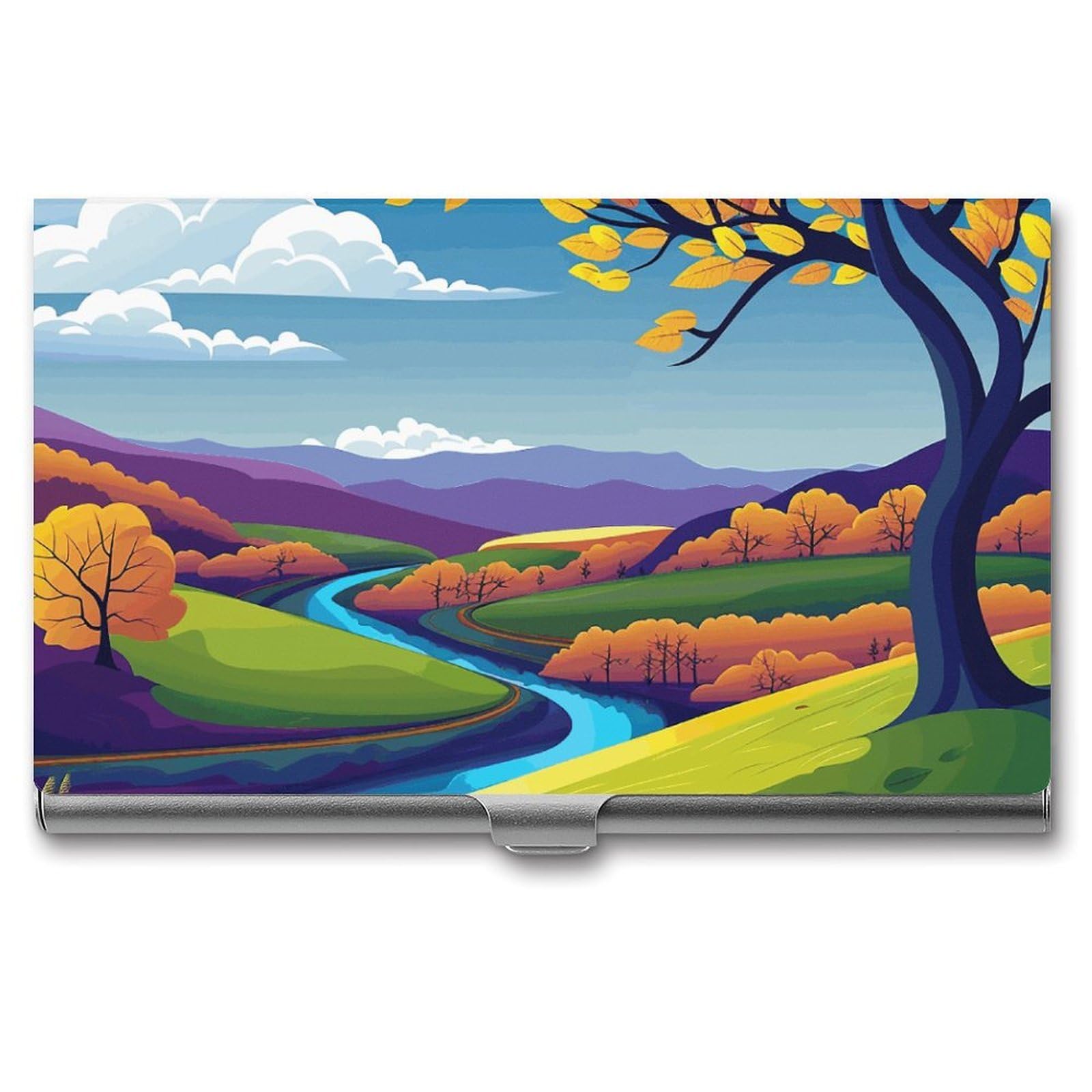 DWVTSLH Trees And Mountains Business Card Holder, Slim Portable Metal Business Card Case Pocket Wallet Professional Name Cards Holder for 22-30 Cards, Credit Card ID Case/Holder for Men Women