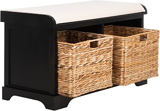 SAFAVIEH Home Collection Freddy Black/Wicker Basket 2-Drawer Storage Bench with Cushion (Fully Assembled)