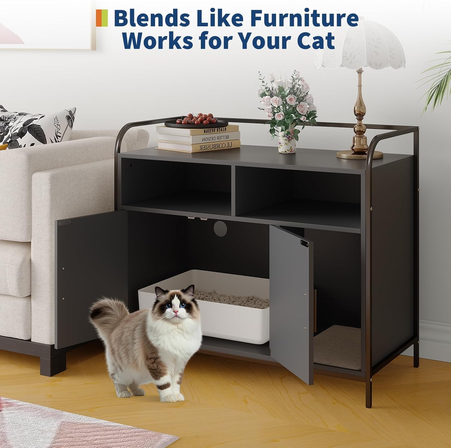 37.5 Inch Modern Wooden Litter Box Enclosure with Storage Rack, Multi-Functional Furniture-Style Litter Cabinet with Ventilation Hole/Side Entry, Fits Most Litter Boxes,for All Kinds of Cats