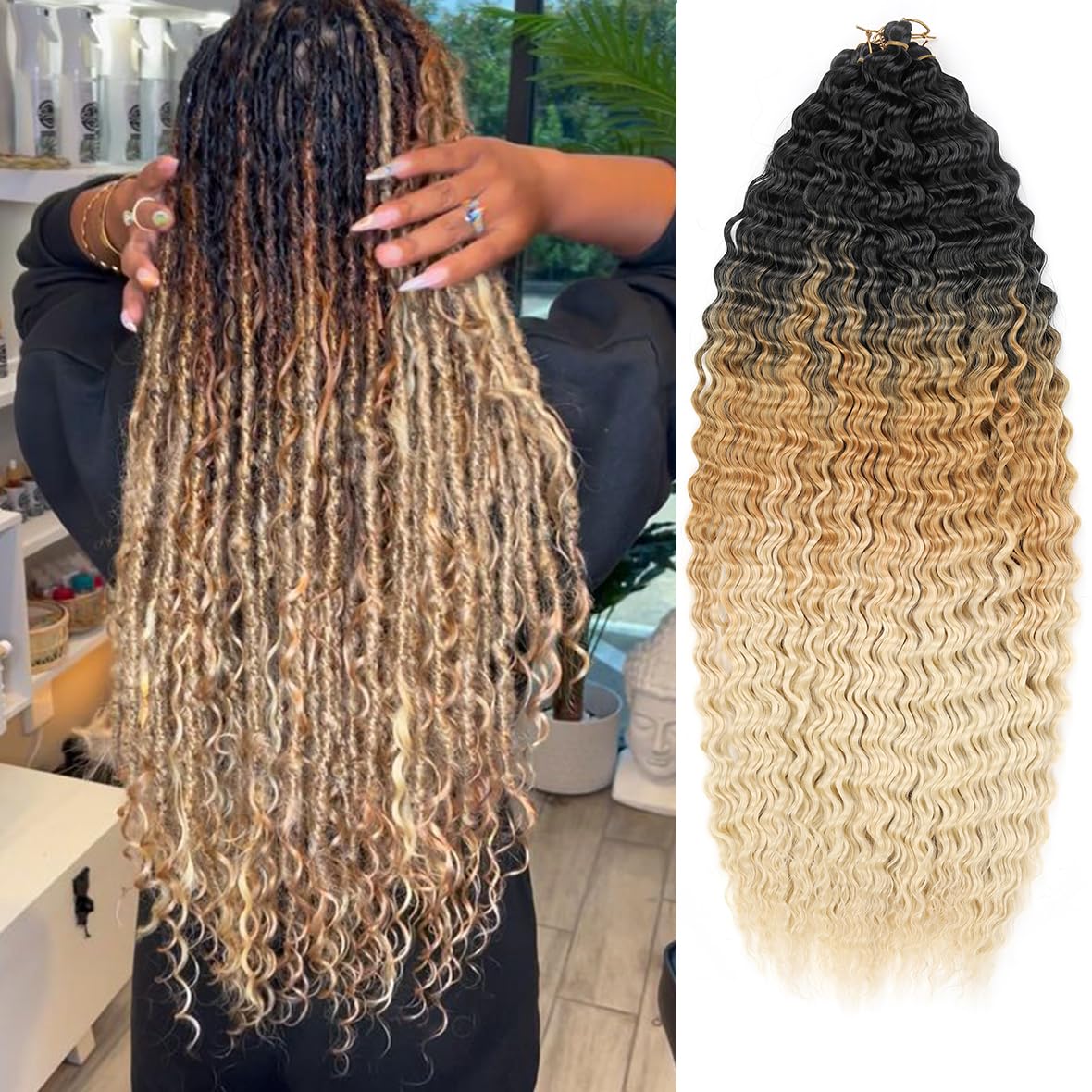 Kachanaa 24 Inch Ocean Wave Crochet Hair Synthetic Crochet Braiding Hair for Boho Box Braids 7 Pack Ombre Deep Wave Curly Braiding Hair Extensions for Goddess Braids /1B27613#