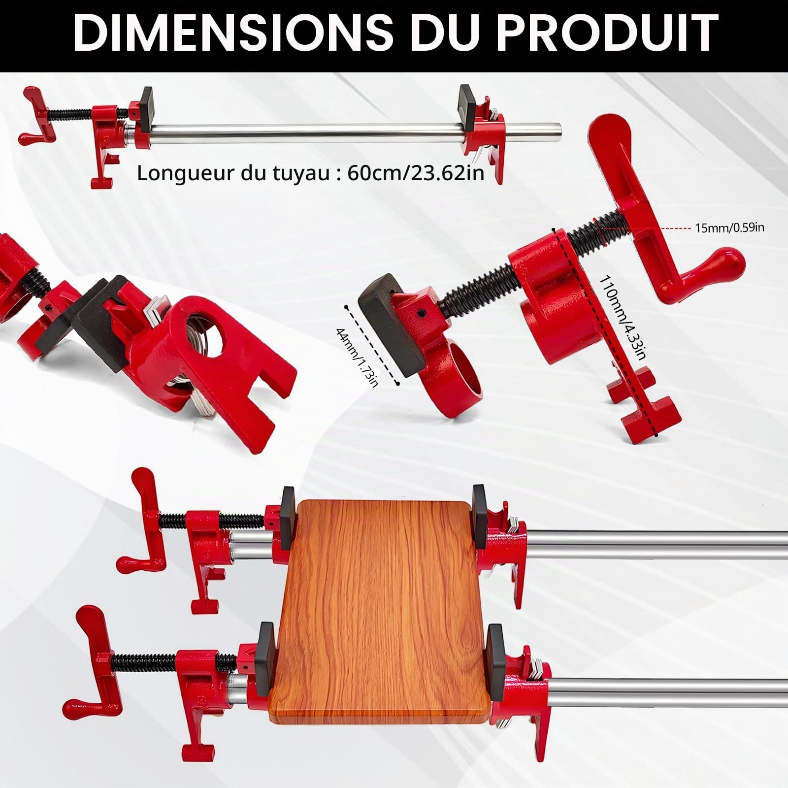 Kit De 6 Colliers De Serrage 3/4" Pour Bois, 4 Colliers à Dégagement Rapide + 2 Tuyaux Acier 60 cm Colliers De Serrage Pour Meubles Et Travaux De Menuiserie
