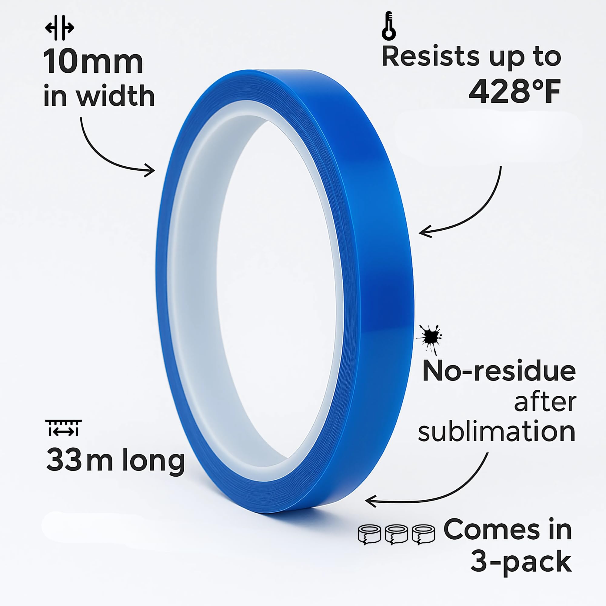 echomerx Cinta azul resistente al calor de 10 mm x 33 m, núcleo de 3 pulgadas, cinta de transferencia de calor sin residuos para sublimación y manualidades, ideal para prensa de calor, paquete de 3