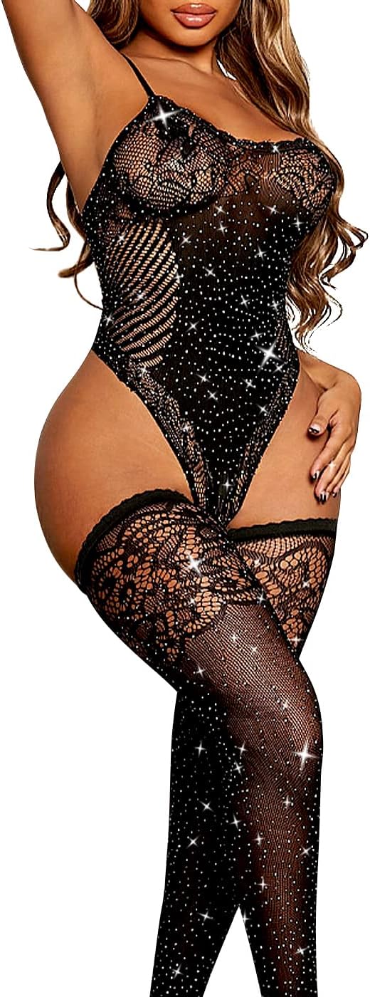 VicSec Sexy Mesh Lingerie Set for Women Sparkle Rhinestone Teddy Bodysuit with Stockings Fishnet Nightwear UK Size 6 8 10 12 14 16 18