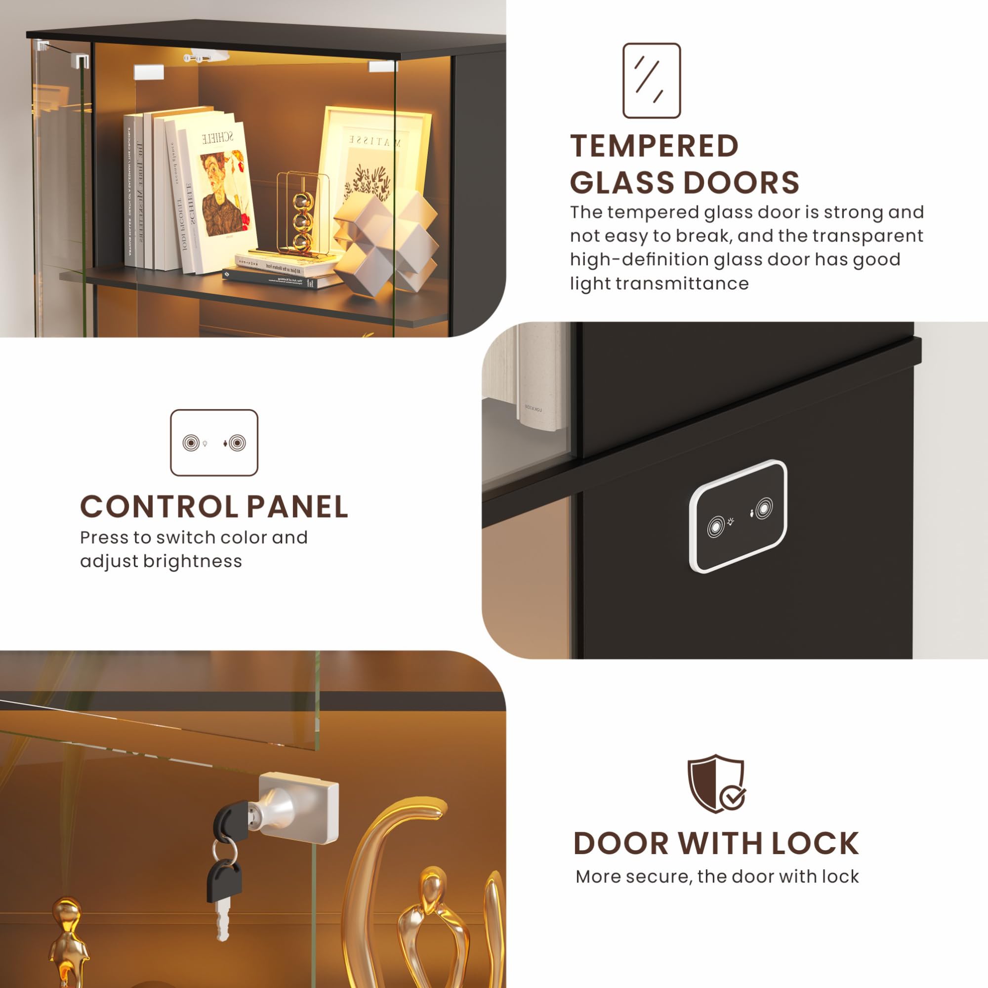 Gurexl 168 CM Vitrina de Cristal con LED luz y Sensor de Movimiento,Vitrinas de 4 Niveles para Colecciones con Puerta de Cristal con Cerradura,Curio Vitrina para Sala de Estar,Coleccionables,Negro