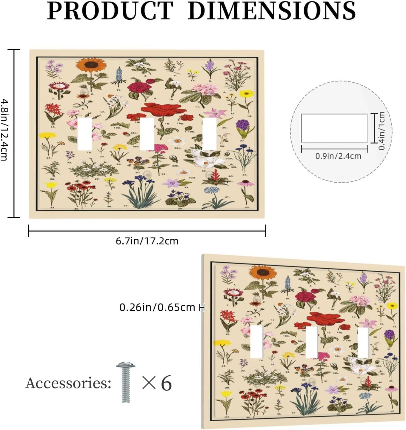Wildflowers Field Plant Garden 3 Gang Wall Plate Triple Toggle Decorative Light Switch Cover Electrical Faceplate for Home Country Decor Mid Size image 5