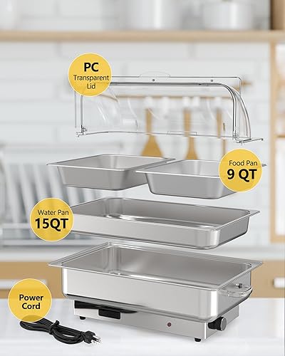 Miniatura 3 de 9QT - Juego de platos eléctricos para catering con control de temperatura, servidores y calentadores de bufé de acero inoxidable con tapa enrollable