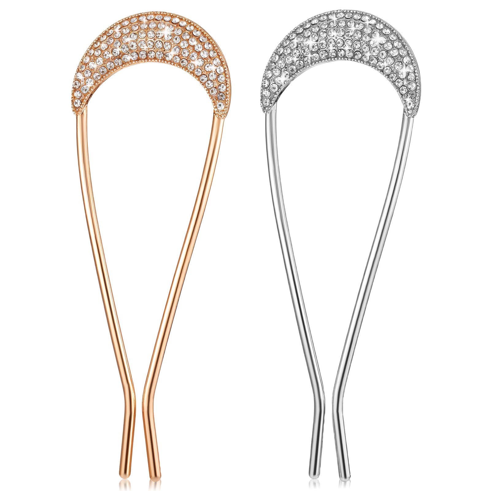 Metal French Hair Pins for Women 2 Pcs Rhinestone Crystal U Shaped Hair Pins French Twist Hair Pin Vintage Double Prong Hair Forks Stick Hairstyle Accessories Bridal Hair Combs for All Hair Types