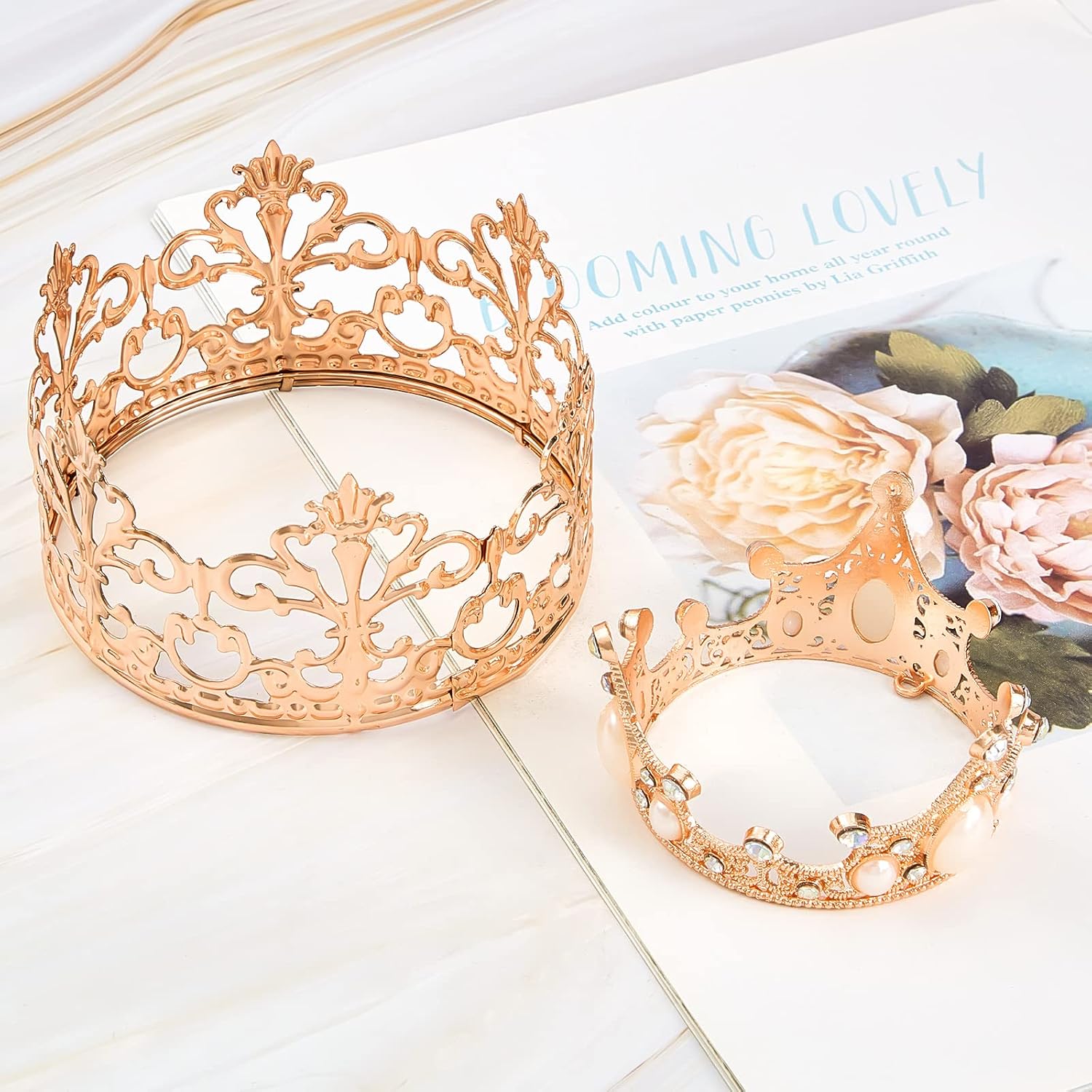 Jetec 4 Pcs Mini Crown Cake Topper Flower Bouquets Accessories, Metal Rhinestone Princess Tiara, Royal Decor for Baby Shower, Wedding, Birthday & Pets(Rose Gold,Cute Style) image 3