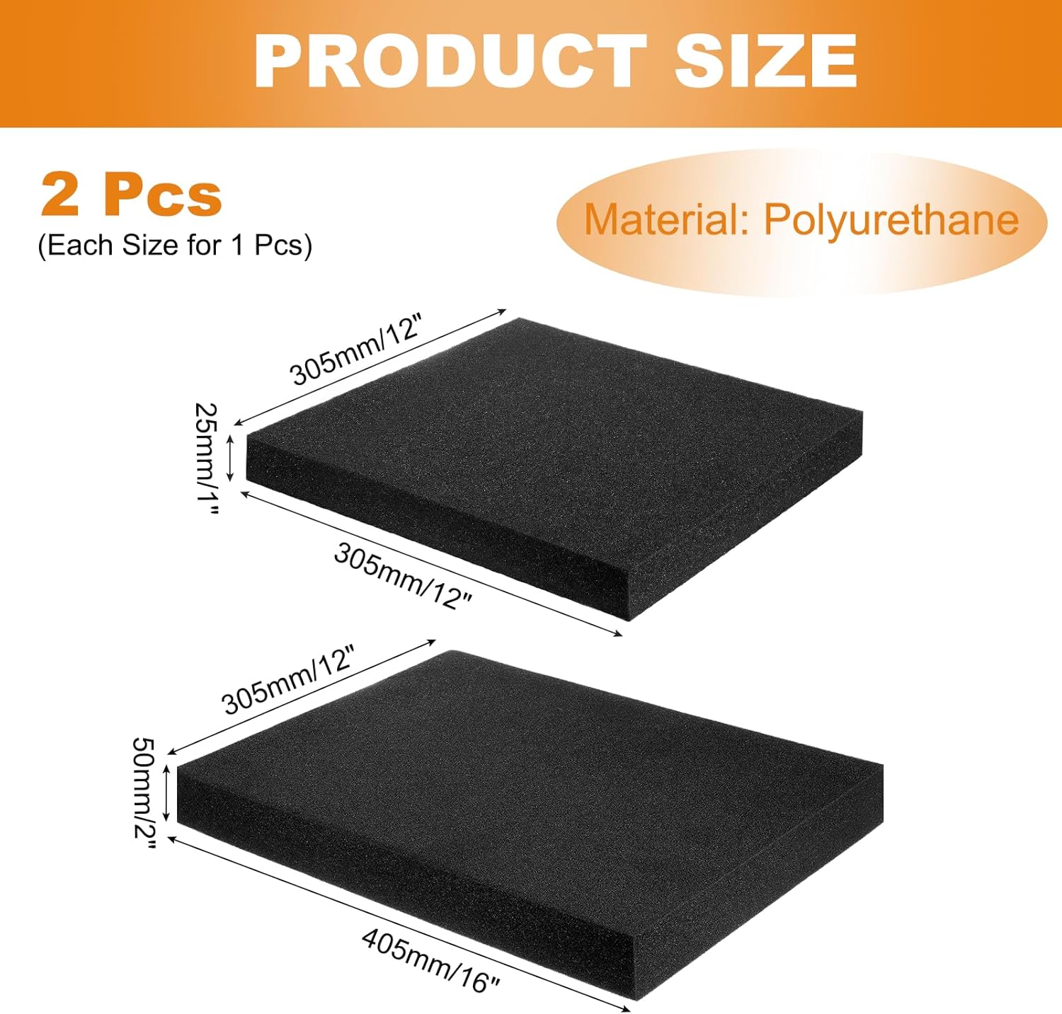 MECCANIXITY 2 Pcs Polyurethane Foam Inserts, 16"Lx12"Wx2"T & 12"Lx12"Wx1"T Cuttable Polyurethane Pick and Pluck Packing Sheets Cushioning Padding for Cases Tool Box Game Box Camera(Black)