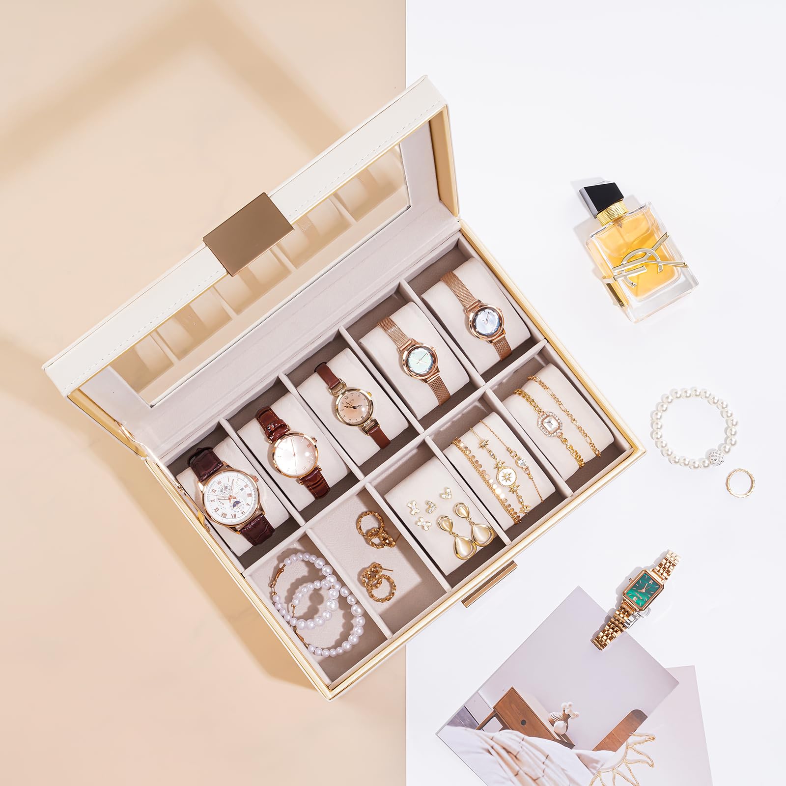 ProCase Caja para Relojes 10 Ranuras, Estuche de Relojes con Cajón Organizador de Reloj con Tapa de Cristal para Mujeres -Crema