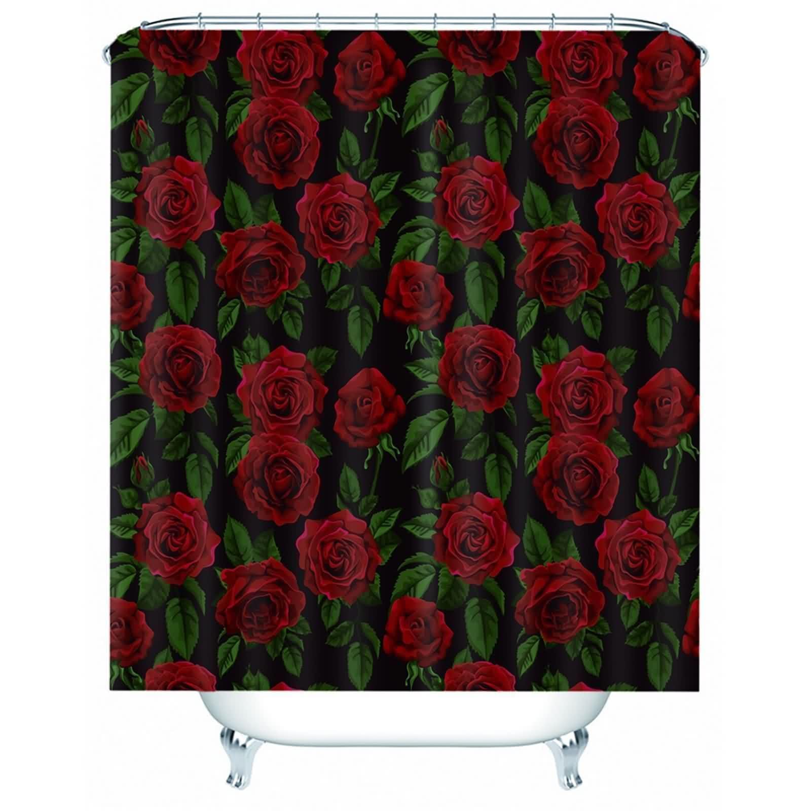 Rideau de douche en tissu polyester rouge et vert lavable pour baignoire motif roses