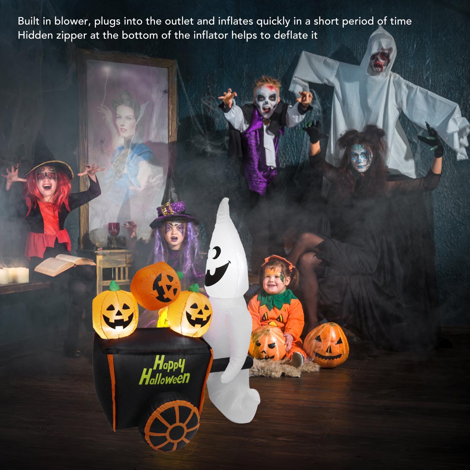 Halloweenowy Nadmuchiwany Wózek z Dyniami o Wysokości 6 Stóp i Wbudowanym światłem LED. Dmuchane Dmuchane Zabawki na imprezę z Okazji Halloween. Dekoracje na Trawniku (Wtyczka UE