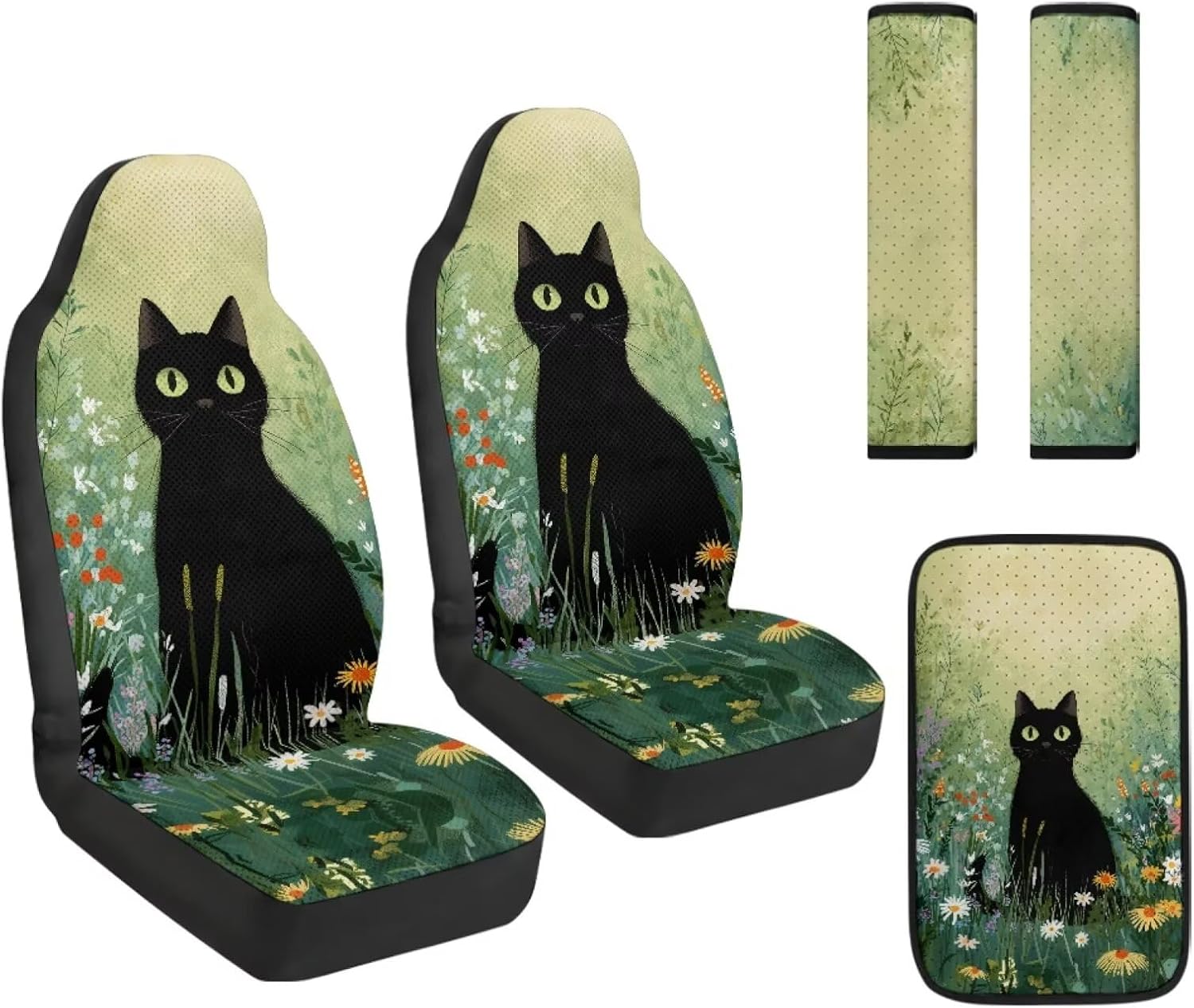 Car Seat Covers Front Seats Only with Belt Covers Armrest Box Cover 5Pcs Set for SUV Sedan Van Truck PU Leather Seat Protector Automotive Accessories, Black Cat Green Floral