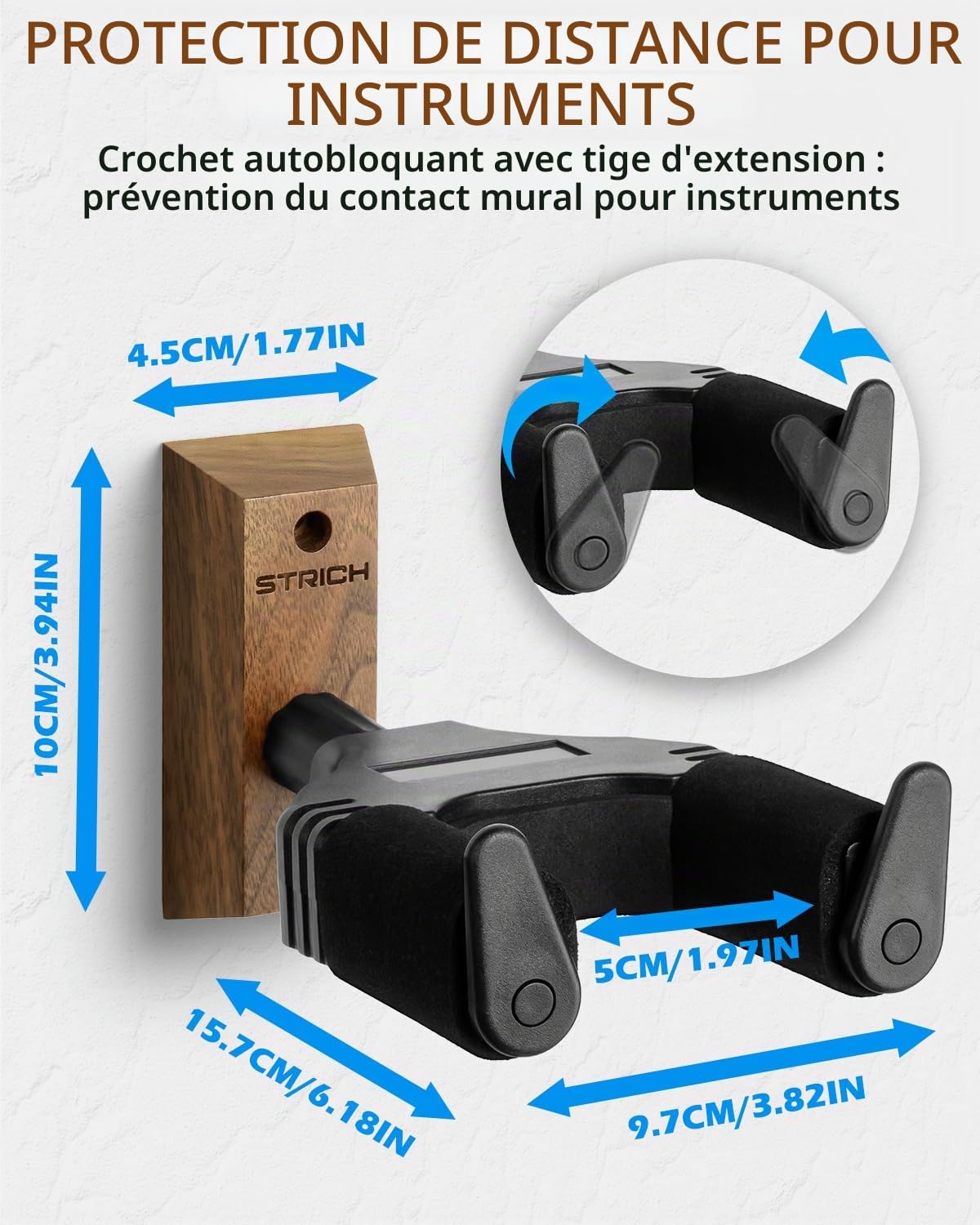 STRICH Lot de 3 supports muraux pour guitare, noyer, en forme de U avec vis, verrouillage automatique pour guitare acoustique, électrique, banjo, basse