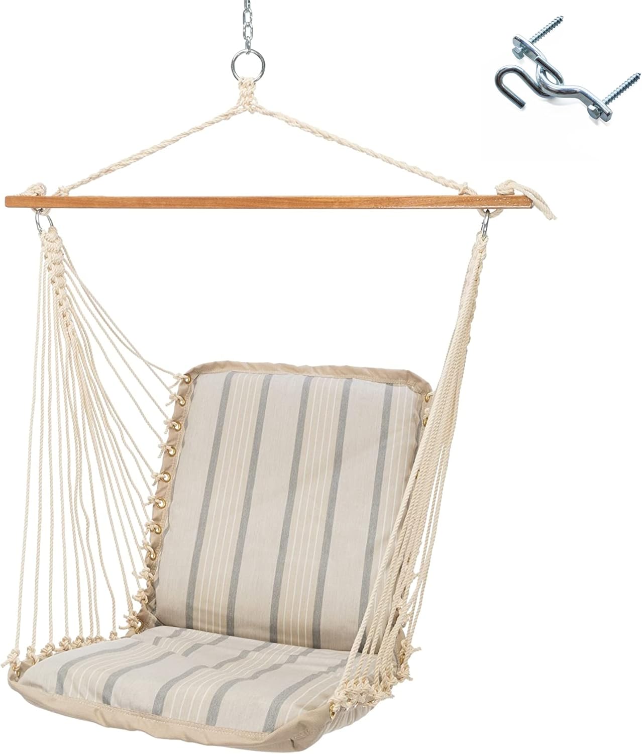 Original Pawleys Island Sunbrella Cushioned Single Swing in Cove Pebble with Oak Spreader Bar, Handcrafted in The USA, 350 LB Weight Capacity, 24 in. L x 24 in W x 24 in. D