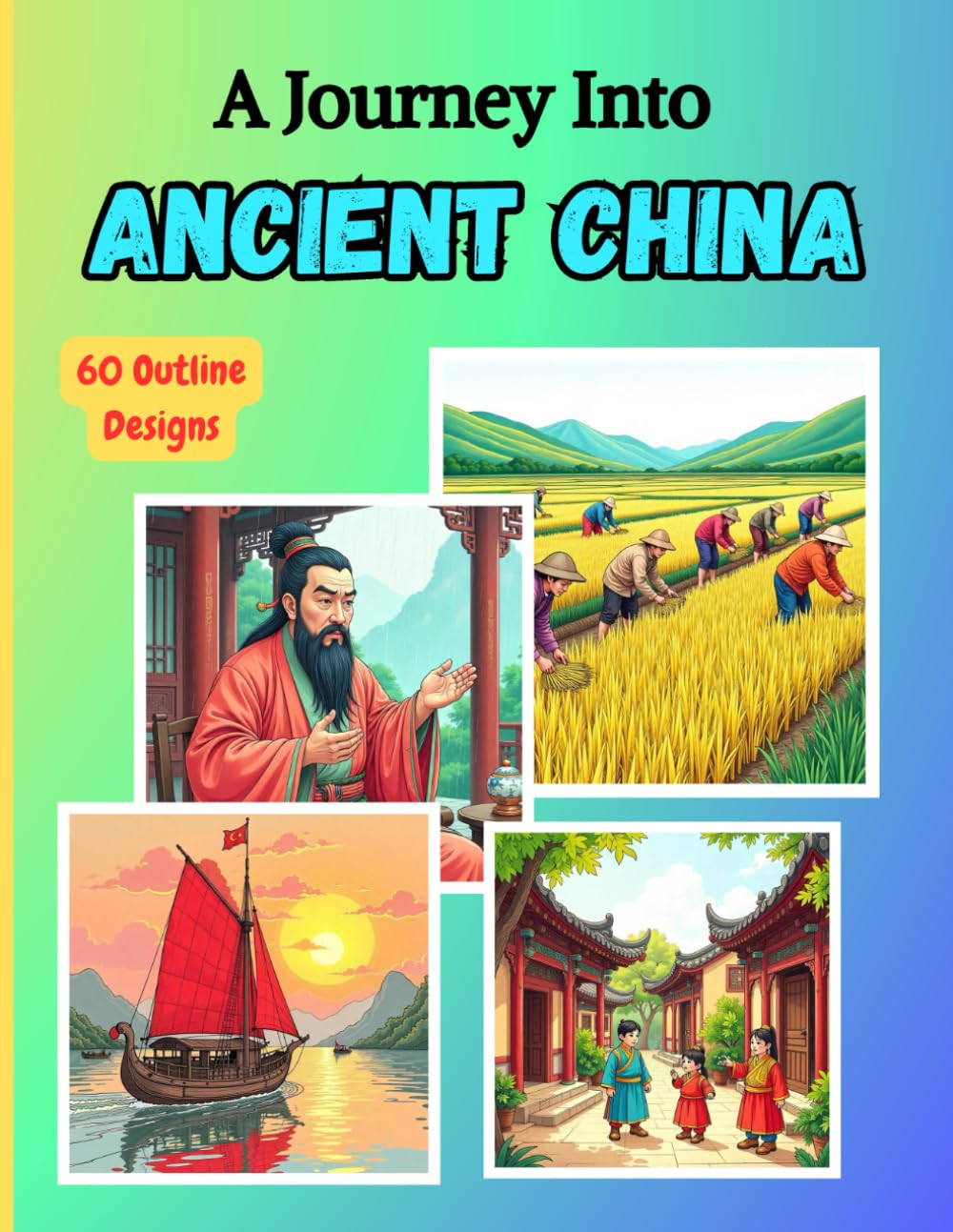 A Journey Into Ancient China Coloring Book: 60 outline illustrations of Chinese history, legends, inventions, and imperial life