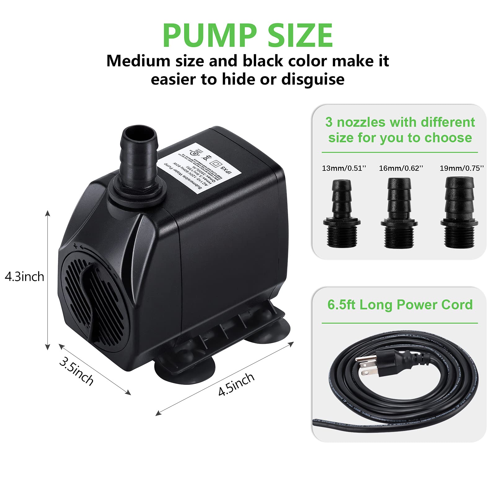 880 GPH (60 W 3500 L/H), ultra cicha pompa wodna z rurą 1,5 m (ID x 1/2"), kompaktowa pompa wodna do akwarium, akwarium, statuarium