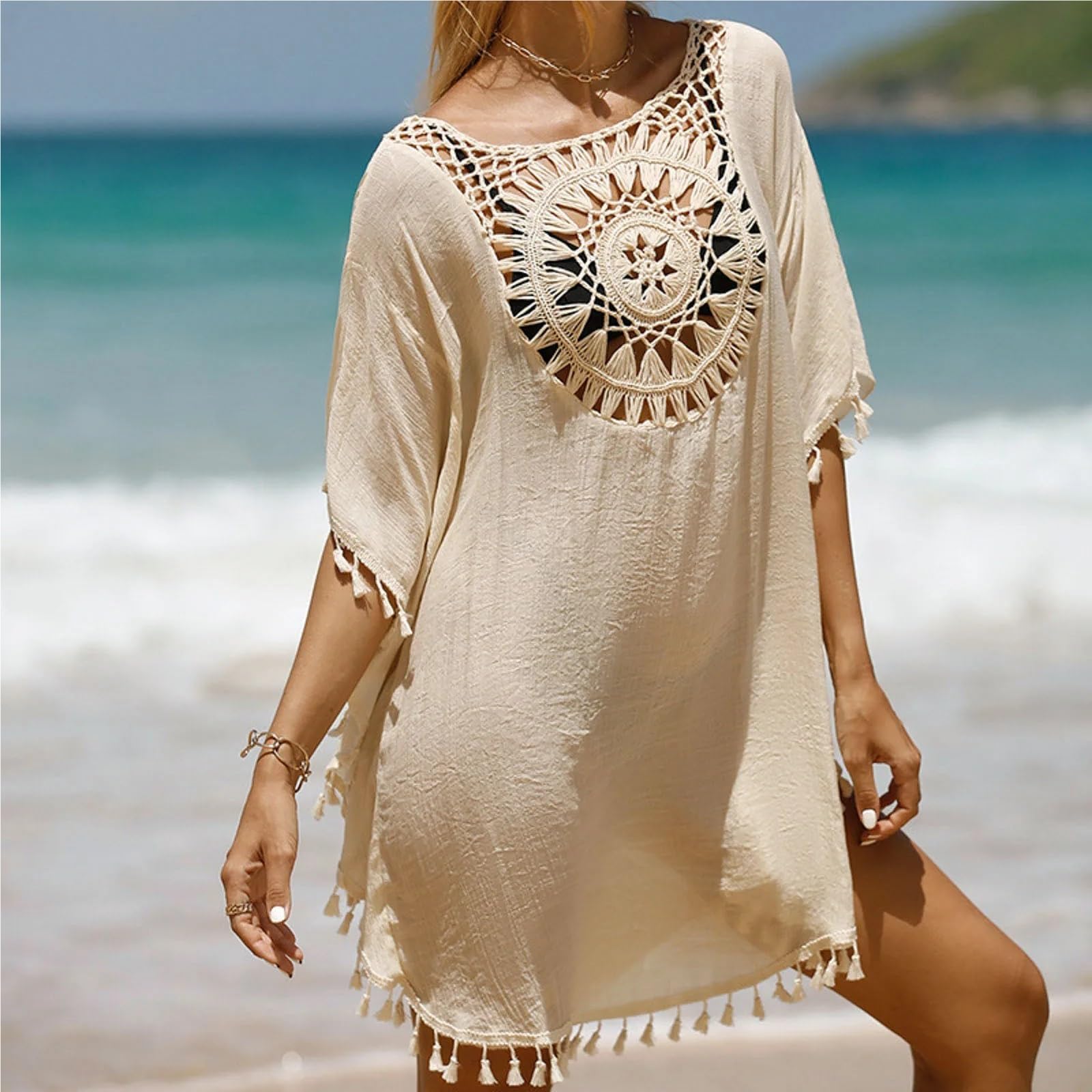 Copri Costume Mare Donna Copricostume da spiaggia da donna, bikini, costume da bagno, piccolo nappa, vestito traforato, ampio e solido, copricostume da spiaggia