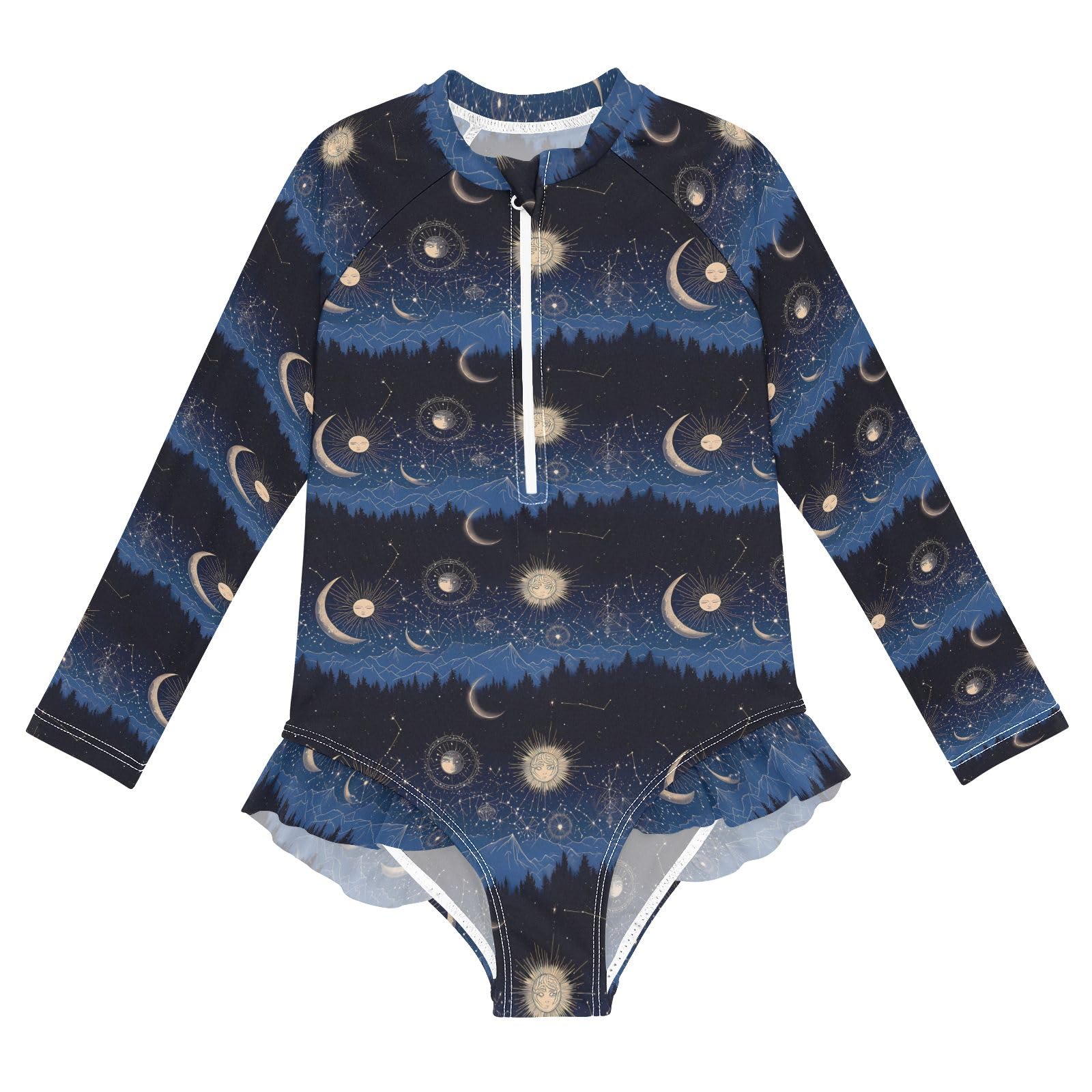 ALAZA Toddler Swimsuit Girl Bathing Suit Swimwear Rash Guard Sun Moon Forest Starrysky Long Sleeve 3T