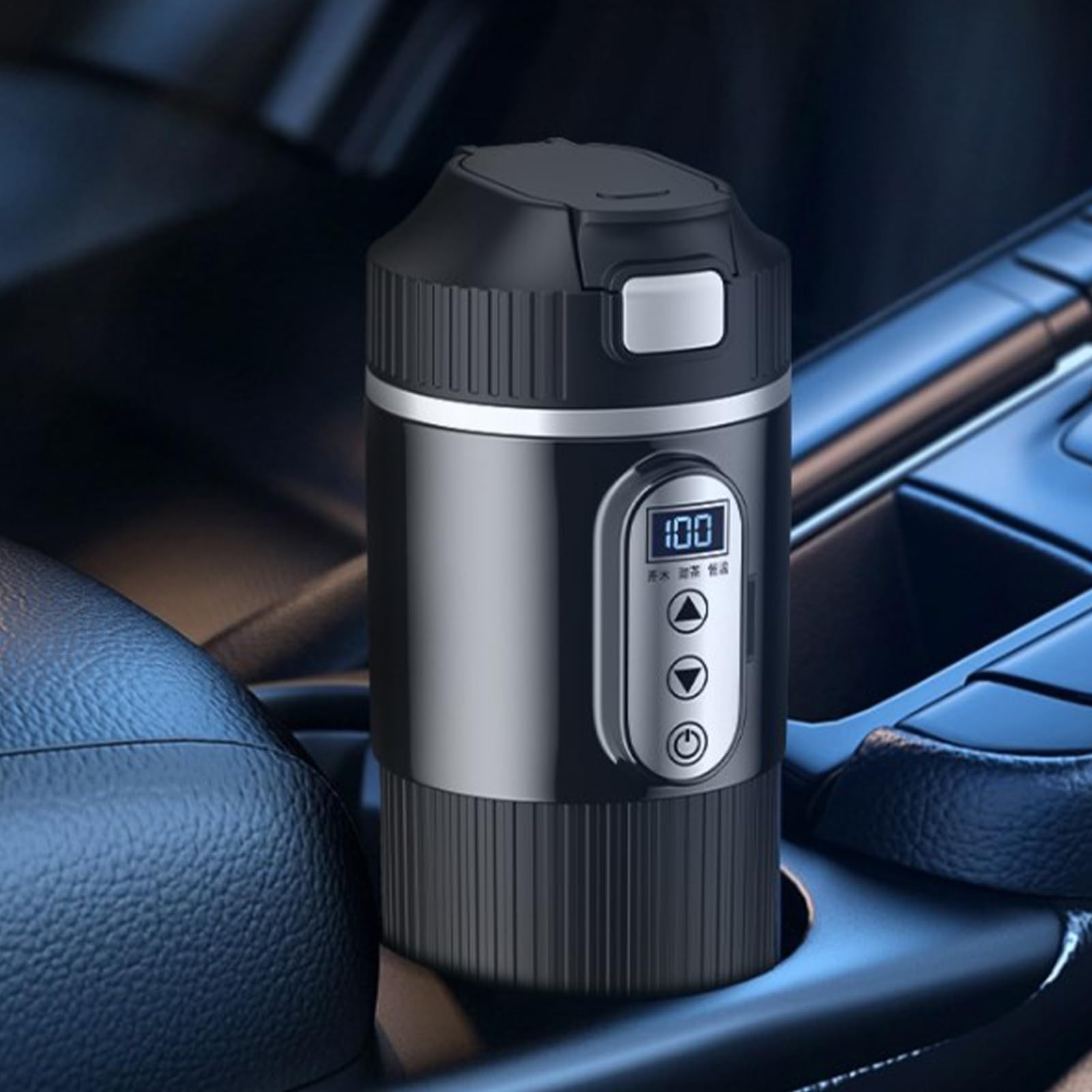 Taza de café de viaje, hervidor eléctrico de coche, taza de viaje con | calefacción, taza de café eléctrica de 12 V/24 V, 500 ml con pantalla LCD de temperatura, acero inoxidable negro, diseño sin