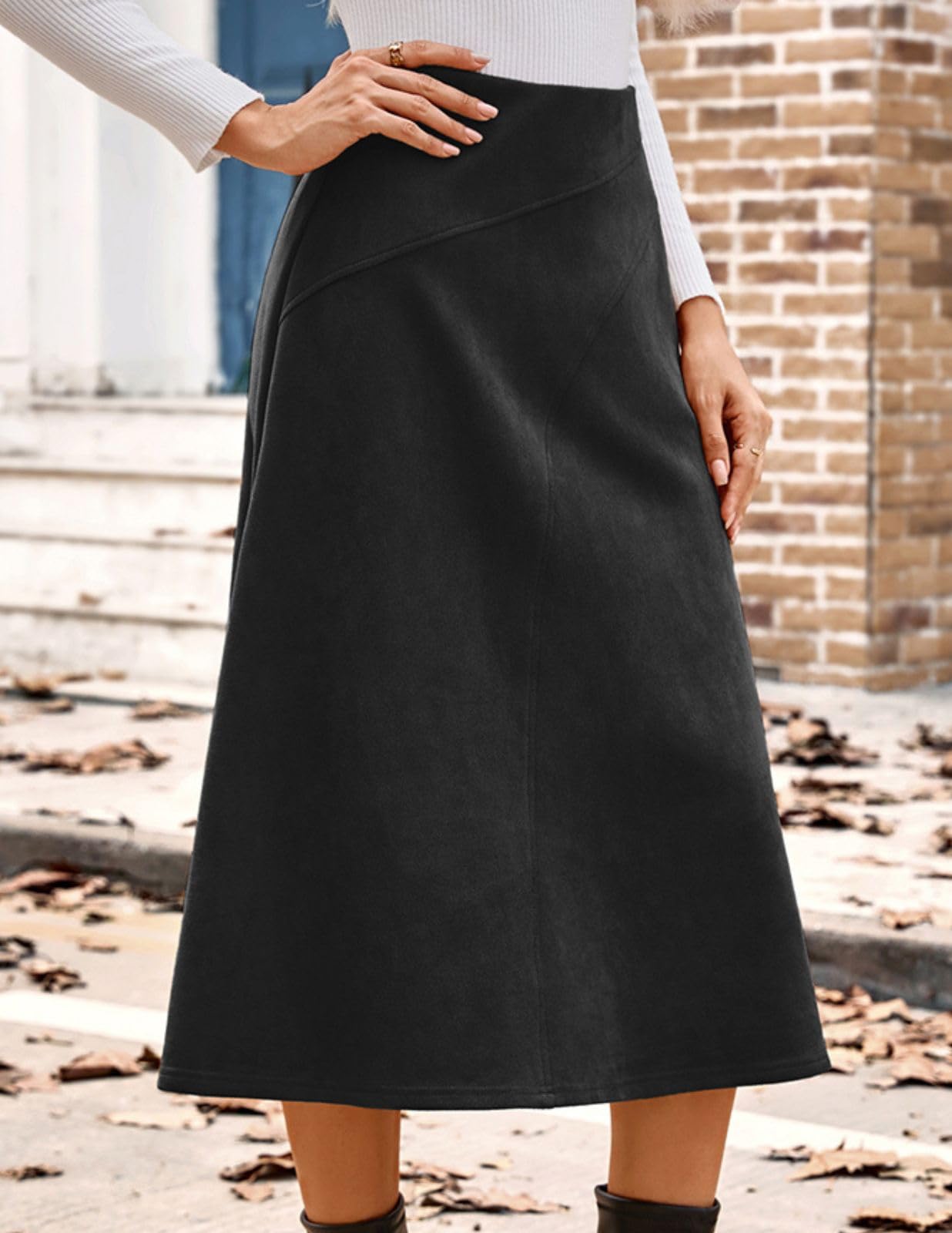 Kate Kasin 2025 Gonne in pelle scamosciata da donna, gonna a trapezio a vita alta, gonna midi autunno inverno | Elastico in vita, cerniera nascosta sul retro, comodo abbigliamento in finta pelle scamosciata