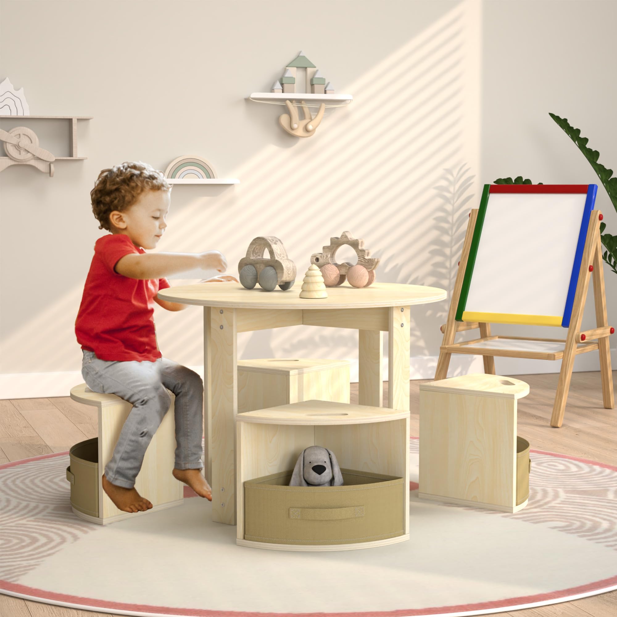 Puecrof Table pour enfant avec 4 tabourets et espace de rangement - Salon rond en bois pour chambre d'enfant, jeu et bricolage - Design peu encombrant en blanc naturel