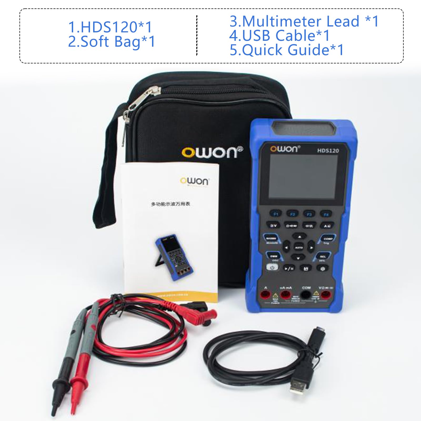 OWON HDS120 oscyloskop 2 w 1 + 4½-cyfrowy multimetr, 20000 zliczeń, True RMS Tester 1 MHz 5 MS/s zakres automatyczny