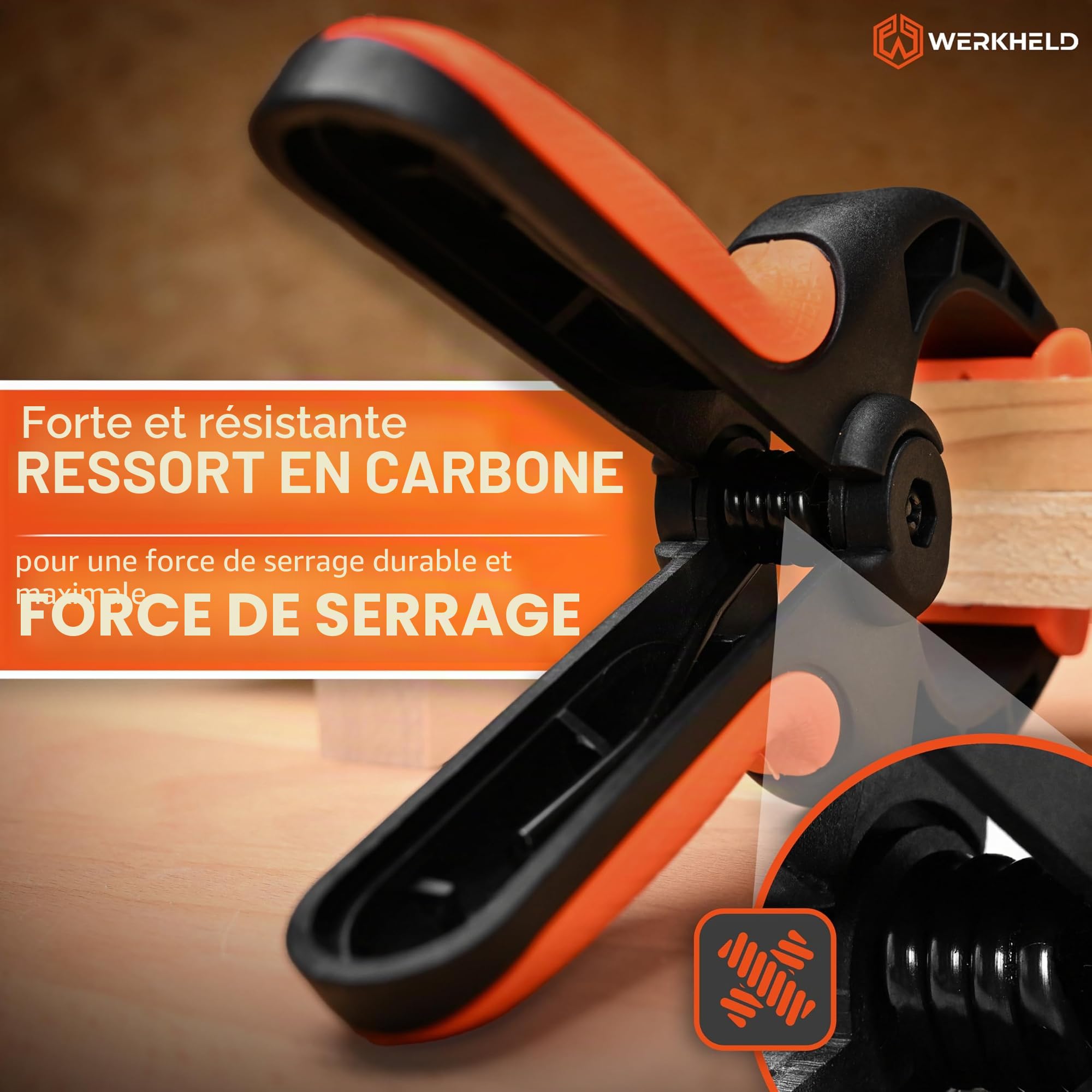 Lot de 10 pinces de serrage rotatives en nylon avec ressort en carbone et poignées caoutchoutées - Pincettes 7 cm et forte tenaille