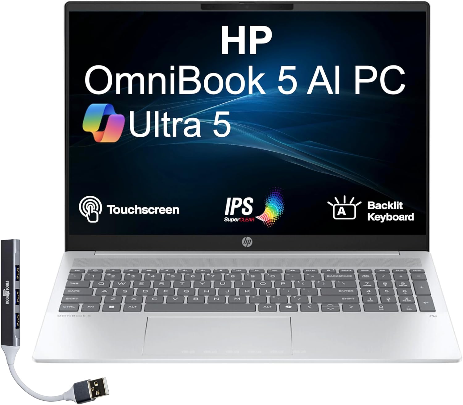 HP OmniBook 5 Next Gen AI Laptop 16.0" Touchscreen 2K IPS Display (Intel Ultra 5-225U, 16GB LPDDR5X, 1TB SSD, Backlit KB, Copilot+, Webcam, Win 11 Home) w/Dockztorm USB Port Expander