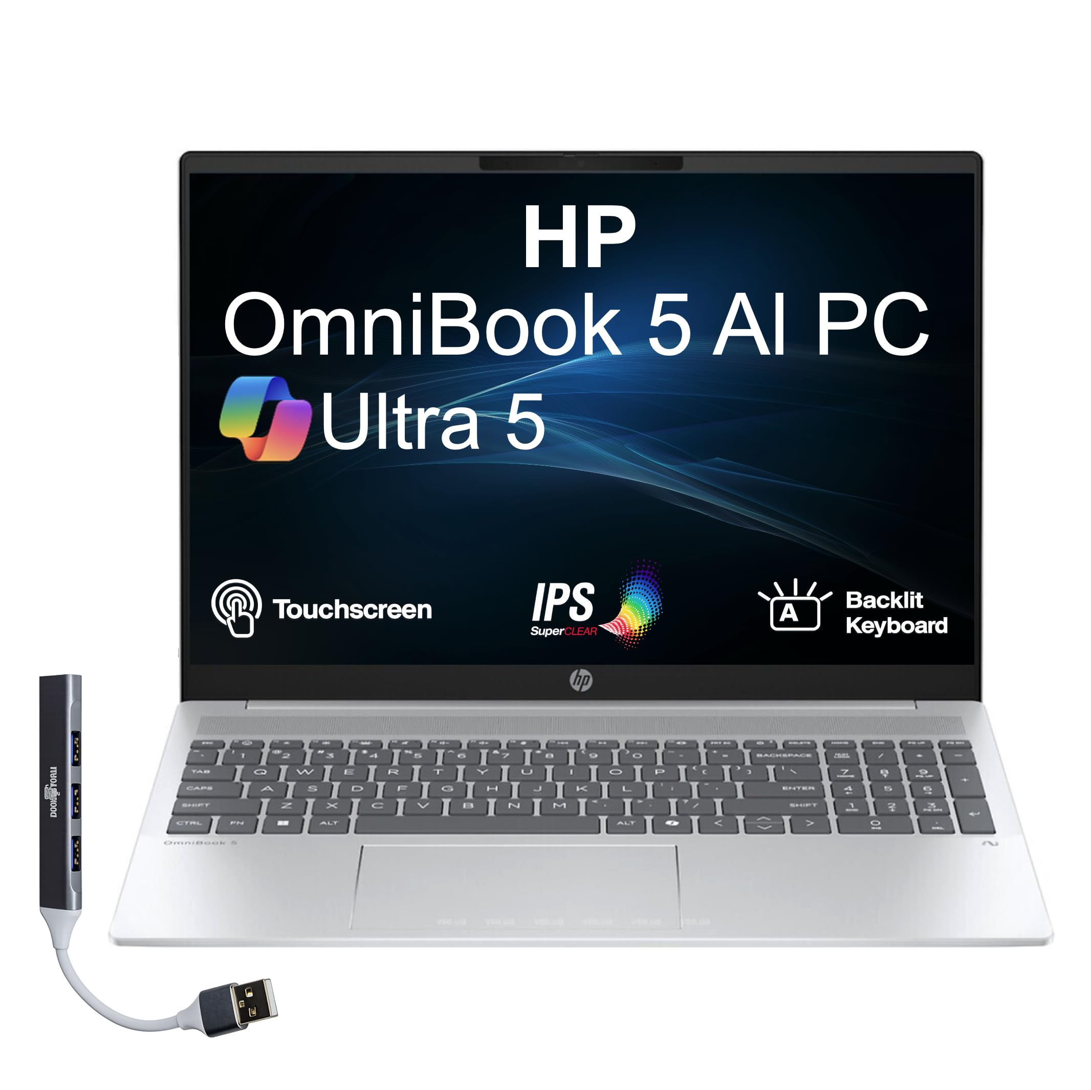 HP OmniBook 5 Next Gen AI Laptop 16.0" Touchscreen 2K IPS Display (Intel Ultra 5-225U, 16GB LPDDR5X, 1TB PCIe SSD, Backlit KB, Copilot+, Webcam, Win 11 Pro) w/Dockztorm USB Port Expander