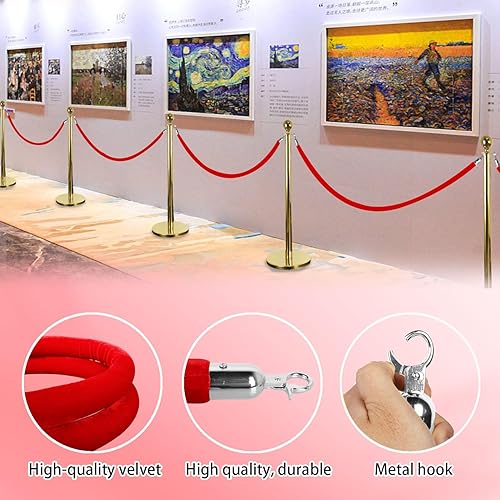 Miniatura 3 de Hokimder - 4 cuerdas de terciopelo rojo, cuerdas de terciopelo de 5 pies con ganchos plateados pulidos, cuerdas de barrera de control de multitudes