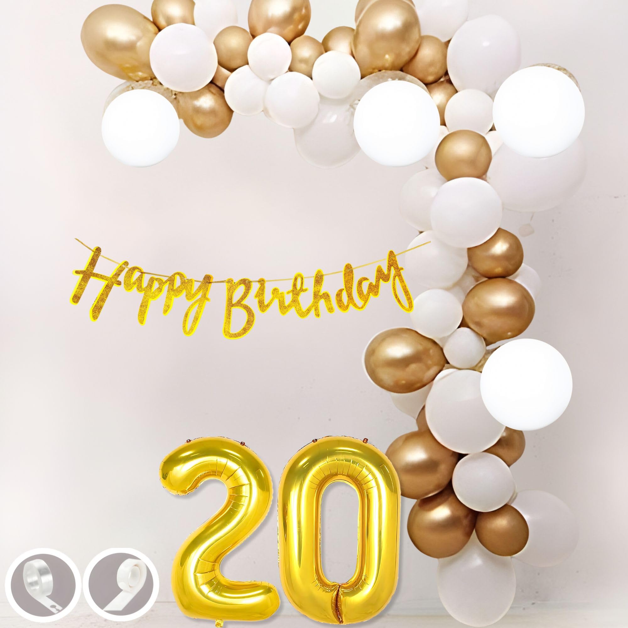 20th Birthday Decoration Items Gold and White Theme Combination for Boys Girls| 30 Pcs Gold White Color Balloons| Gold Happy Birthday Cursive Glitter Banner| Arch Tape| Glue Dots-image-28