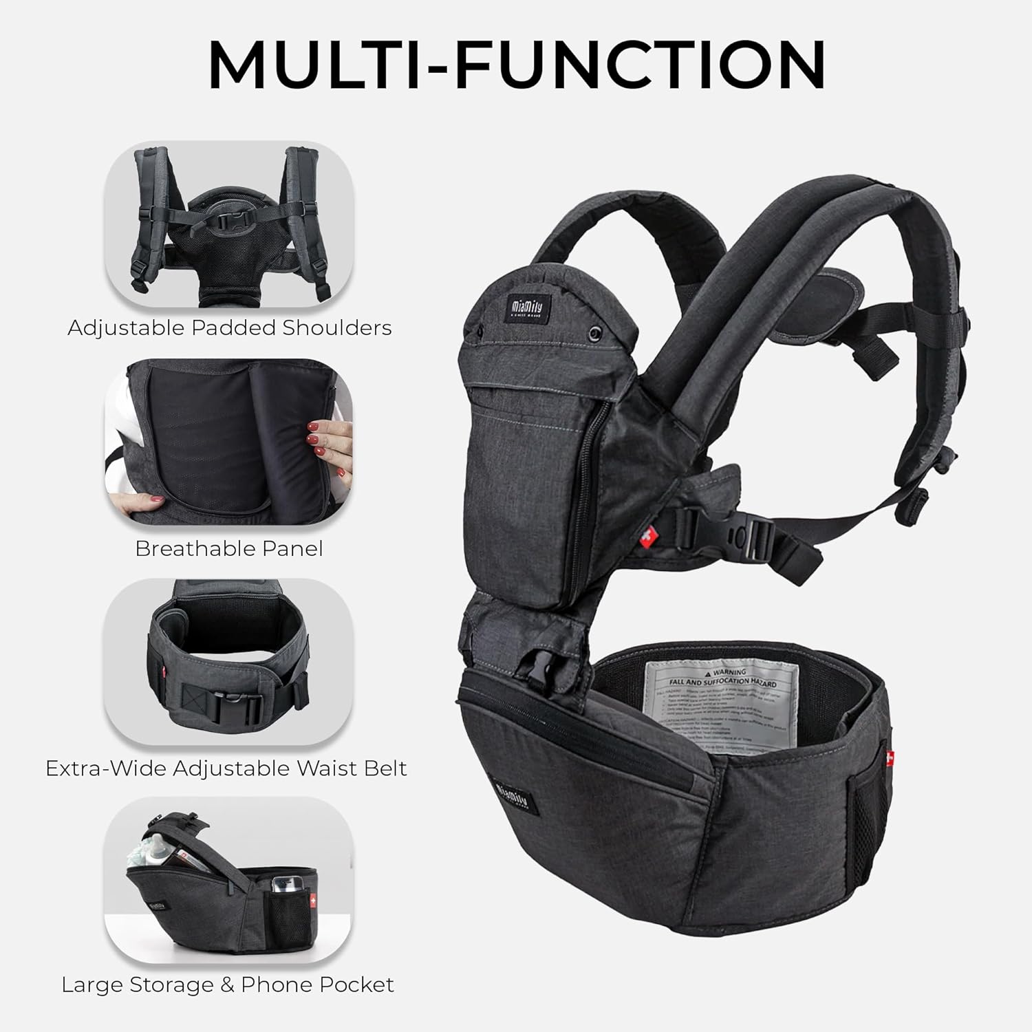 MiaMily Hipster Plus Baby Carrier with Hip Seat Ergonomic Infant Carrier 6 Carry Positions Newborn to Toddler with Lumbar Support (Charcoal Grey)