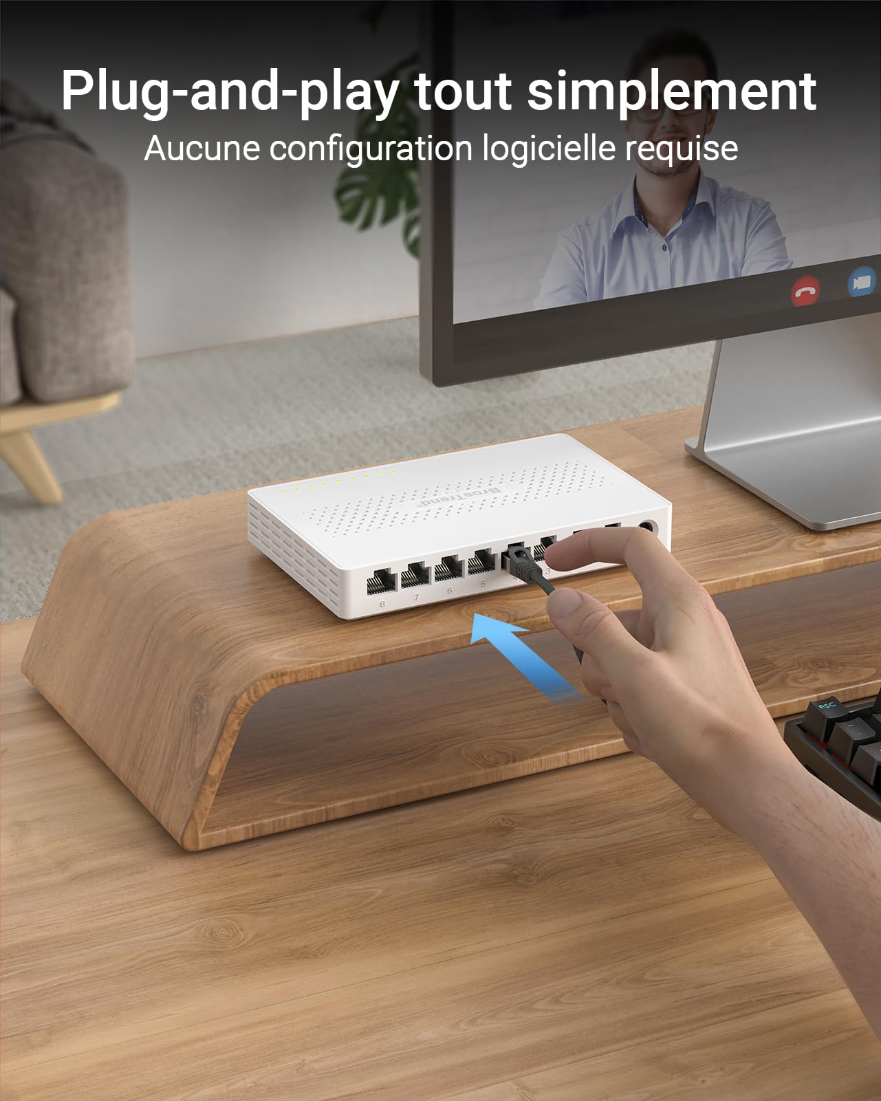 BrosTrend Switch Ethernet 2.5G 8 Ports, Switch RJ45 2.5Gb Unmanaged, 8x 2.5G Base-T Ports, Commutateur Réseau Compatible avec 100/1000/2500Mbps PC NAS, Plug-and-Play, sans Ventilateu, Protection à Vie
