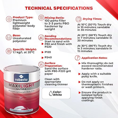 Miniatura 8 de Maxilight Ultra Kit de relleno de cuerpo, reparación avanzada de arañazos, abolladuras y óxido, masilla ligera para automóvil, acero, aluminio,