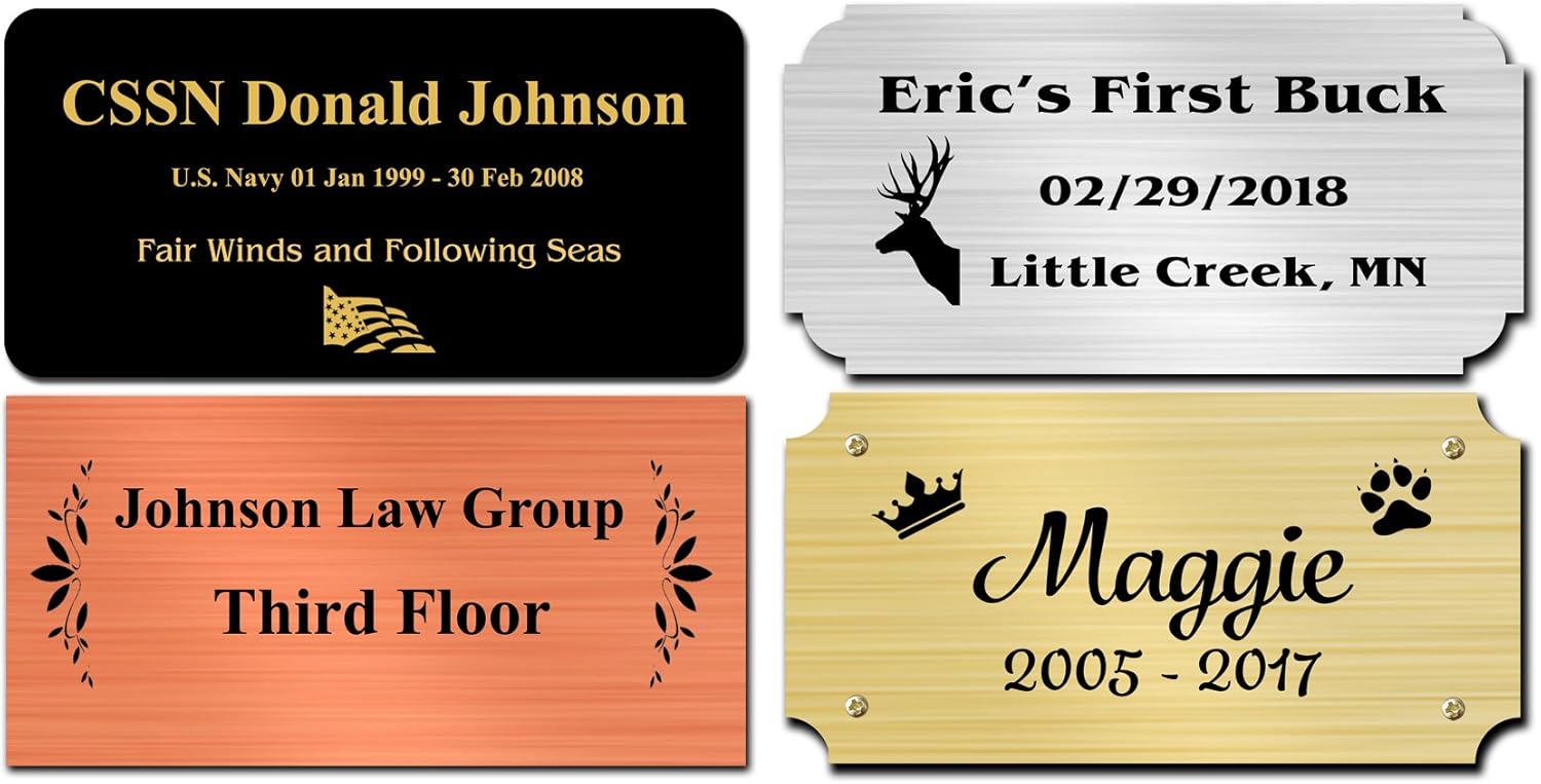 2.5" H x 7" W, Metal Nameplates, Brass or Copper Plates, Personalized, Custom Engraved Name Tag, Name Plaque, Square Rounded Notched or Scallop Corners, Made in USA (2-1/2" x 7")