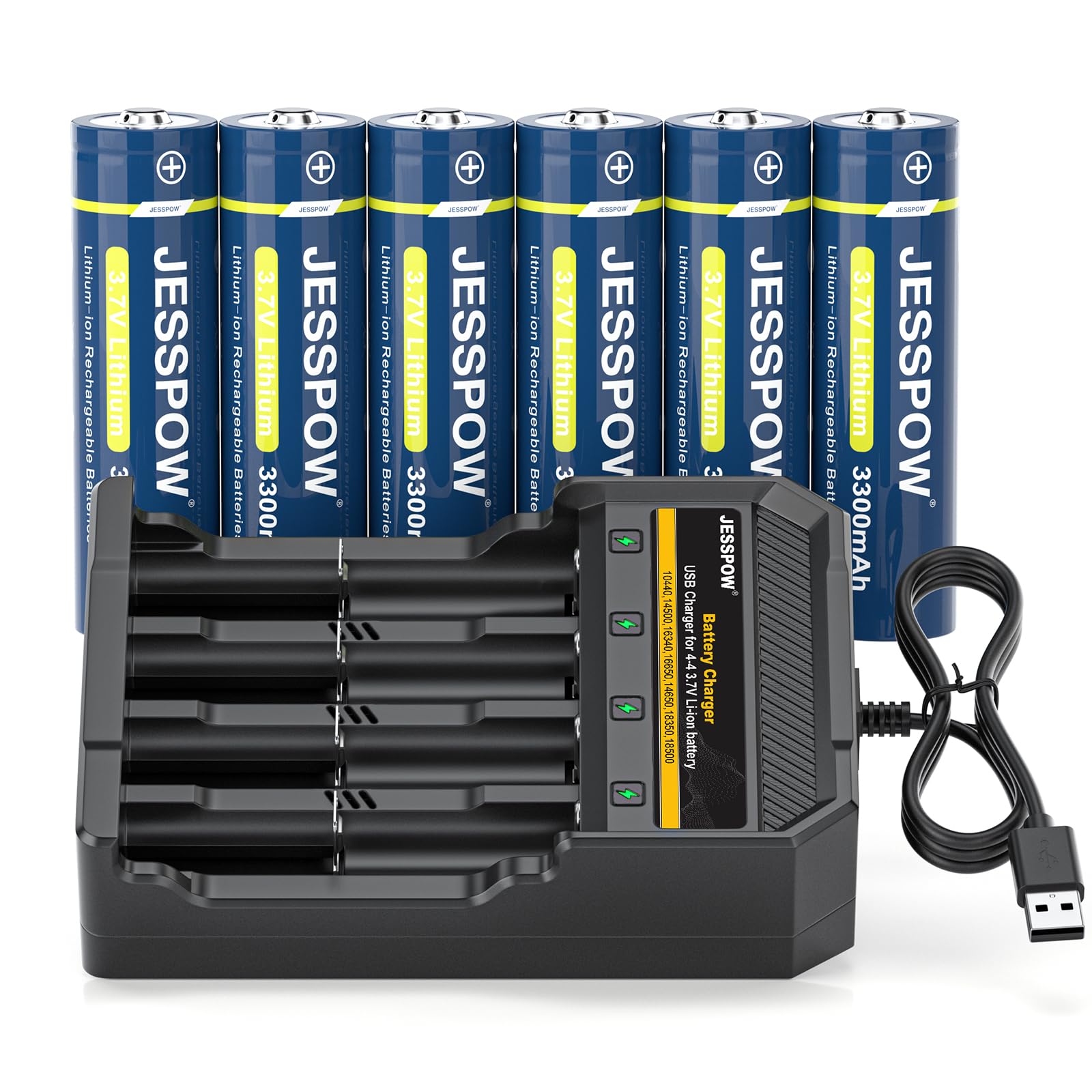 Batteria ricaricabile da 3,7 V con caricabatterie, 6 batterie da 3300 mAh, lunga durata, per torce elettriche, torce frontali (top, non AA)