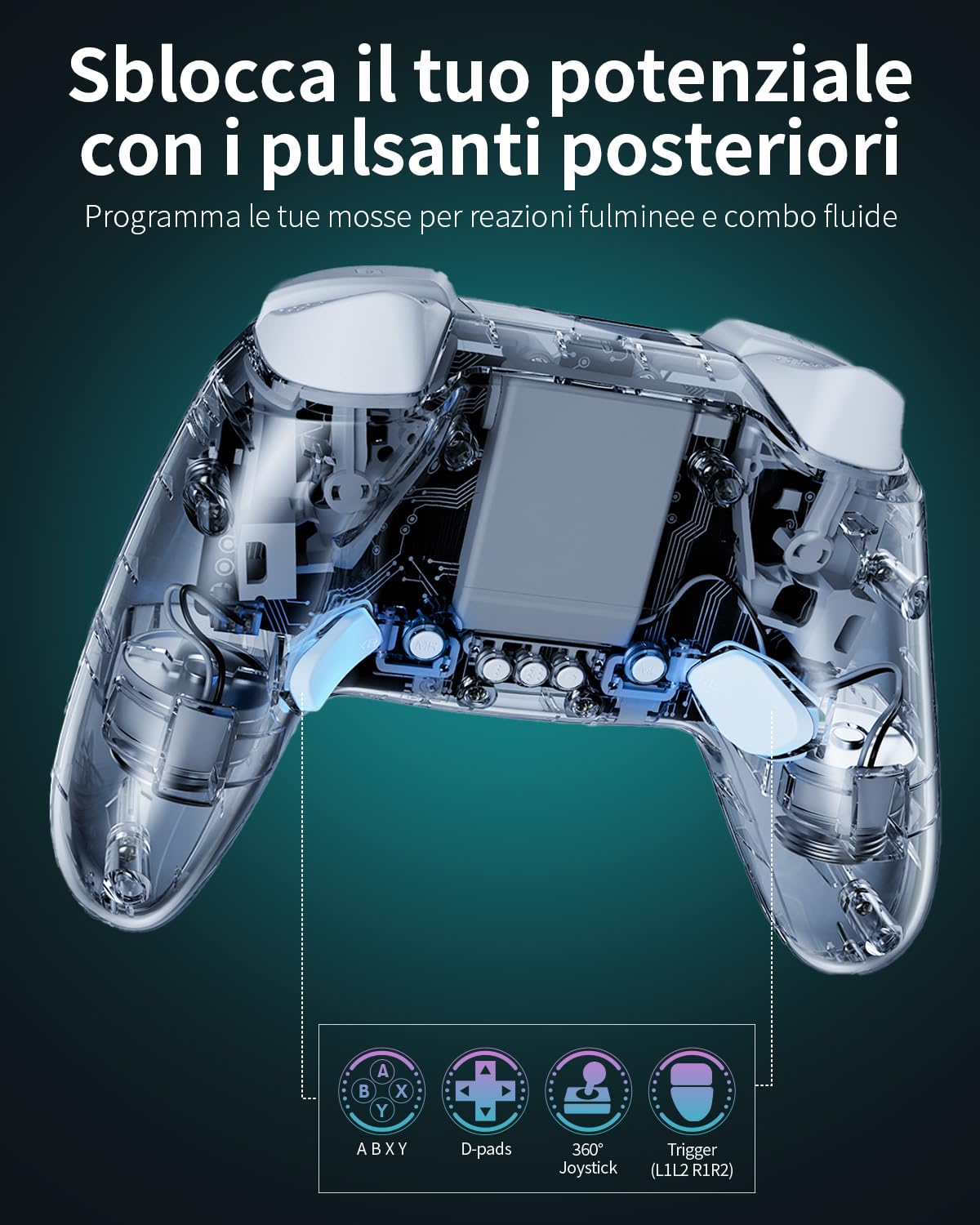 Controller PC Wireless 2.4G con Joystick e Grilletti Hall Effect, Controller per Windows/Android/Steam Deck/iPhone/Switch 2, Gamepad Bluetooth con 8 Colori RGB/Turbo/Tasti Programmabili - Trasparente